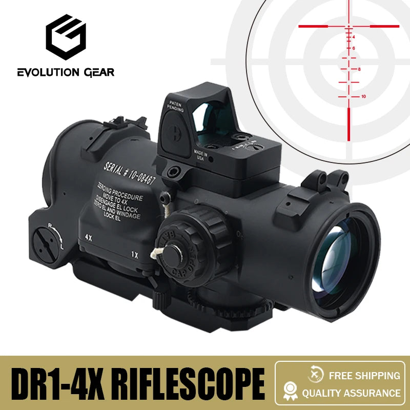 Tactical Rifle Scope DR 1-4x Fixed Dual Field of View with Red Illuminated Reticle - Full Markings for Airsoft, Hunting & Outdoor Shooting | Perfect for Low Light Conditions & Tactical Operations