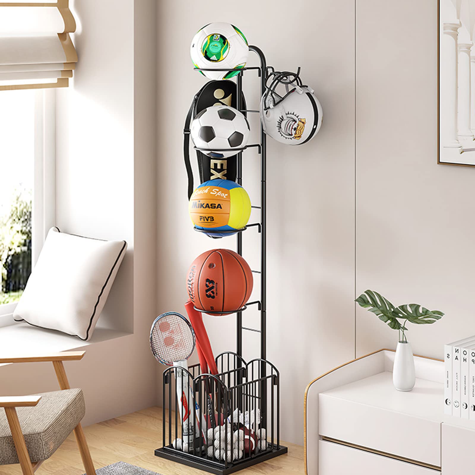 Eapmic Sports Ball Storage Rack - Heavy Duty Metal Basketball Football Soccer Volleyball Organizer Holder for Home, Garage, Gym, and Playroom - Perfect for Organizing Sports Equipment and Toys
