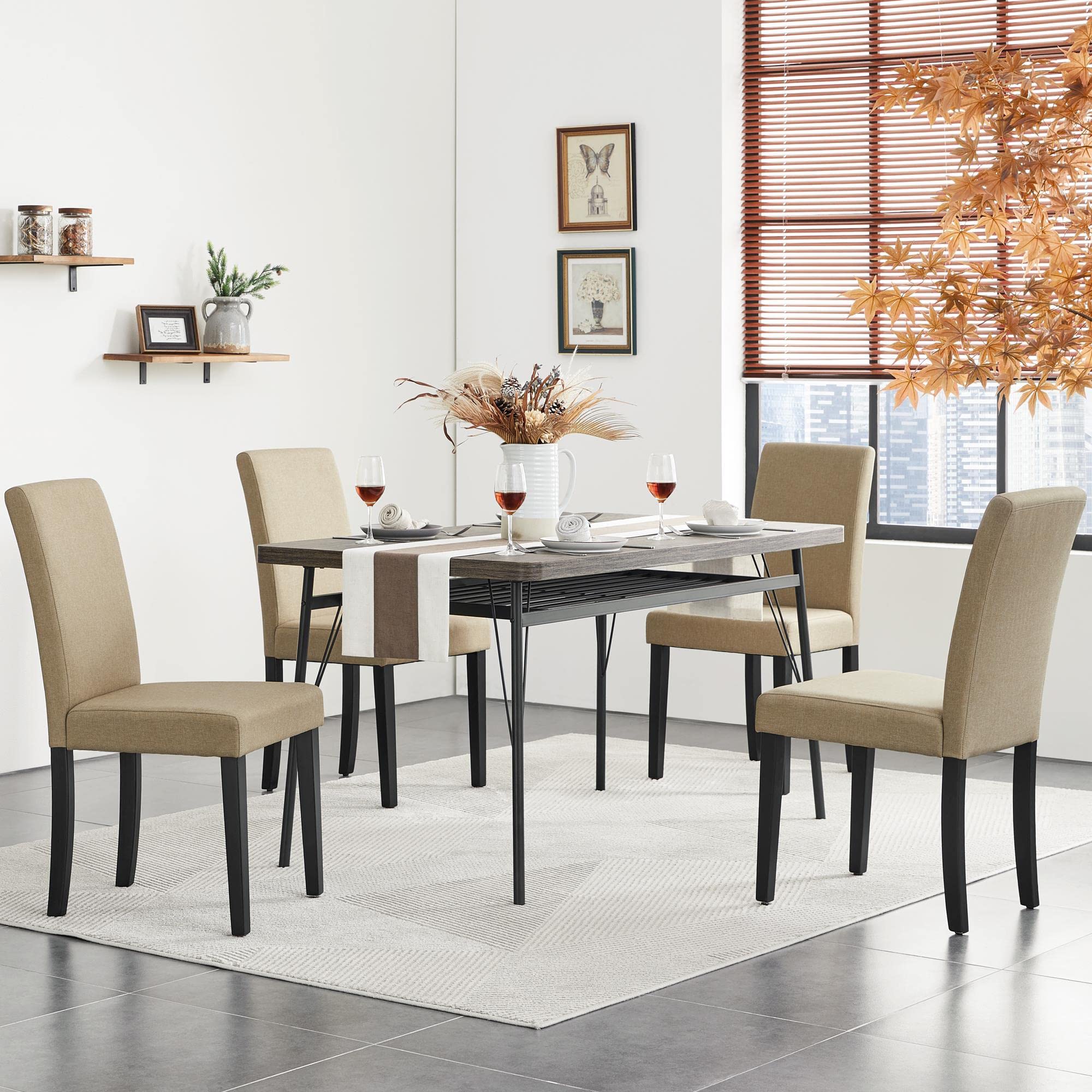 Topeakmart Set of 4 Modern Fabric Dining Chairs - Urban Style Parson Chairs with Solid Wood Legs, Armless Side Chairs for Kitchen, Living Room & Dining Room - Khaki - Perfect for Home, Restaurant & Office Use