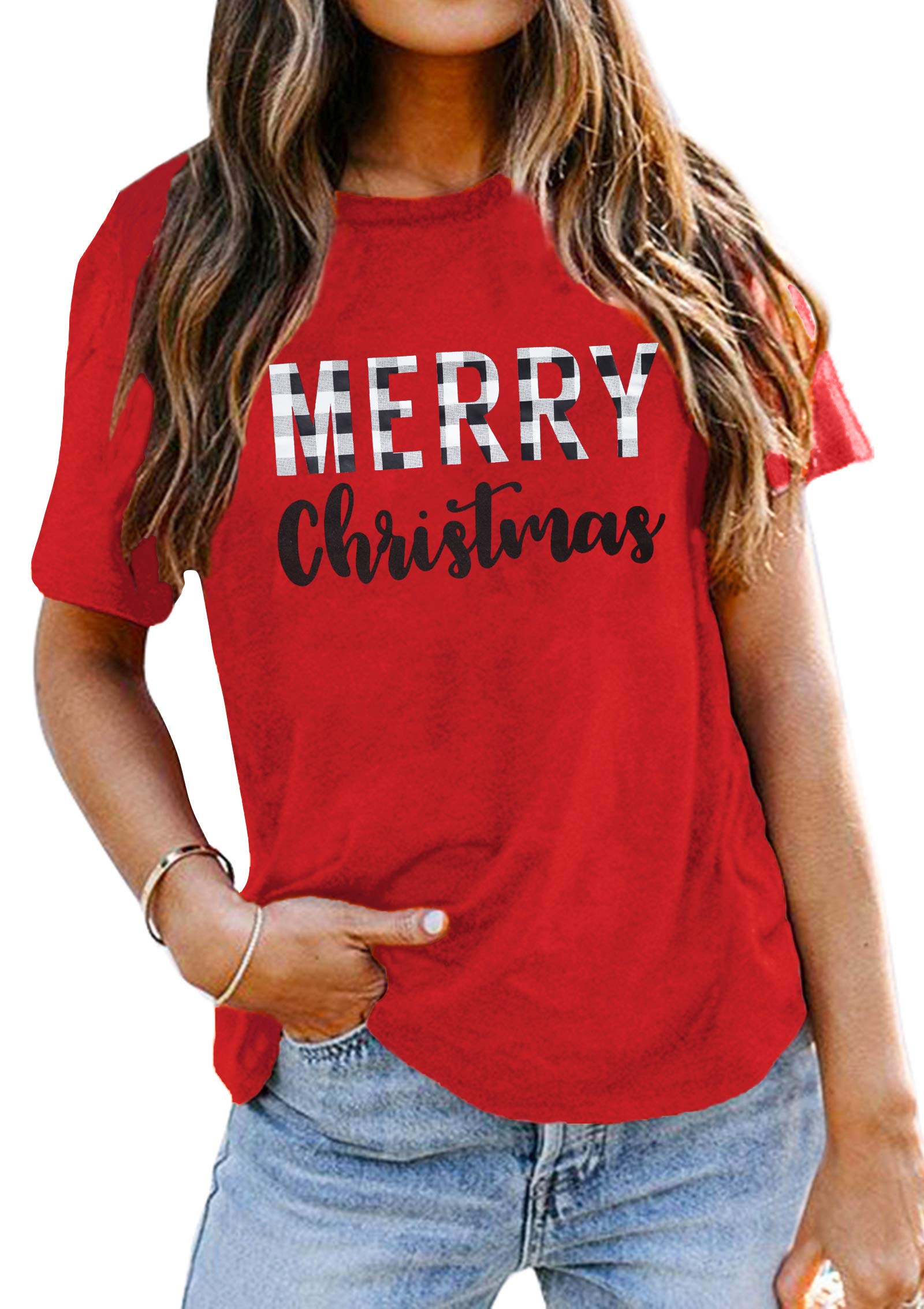 Festive Buffalo Plaid Christmas T-Shirts for Women - Holiday Letter Print Long Sleeve Tee for Xmas Party, Family Gathering & Winter Outfits