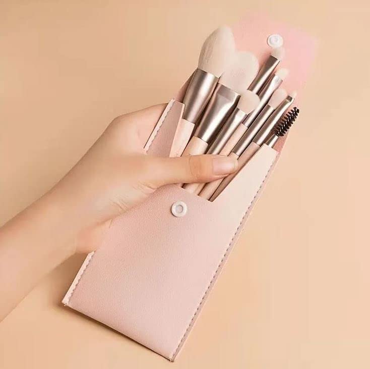 Sunaina Mini Peach Makeup Brush Set with Case - 8-Piece Foundation, Powder, Blush, Eyeshadow & Lip Brush Kit for Travel & Everyday Makeup Application