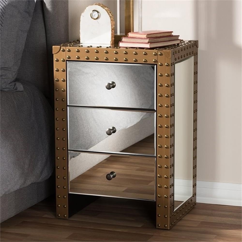 BOWERY HILL 3 Drawer Mirrored Nightstand - Silver & Natural Finish - Modern Bedside Table for Bedroom Decor & Storage