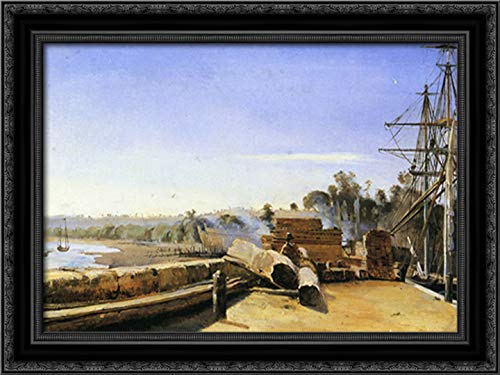Jean Baptiste Camille Corot Shipyard in Honfleur 24x18 Inch Black Ornate Wood Framed Canvas Art Print - Perfect for Living Room, Bedroom, Office Wall Decor