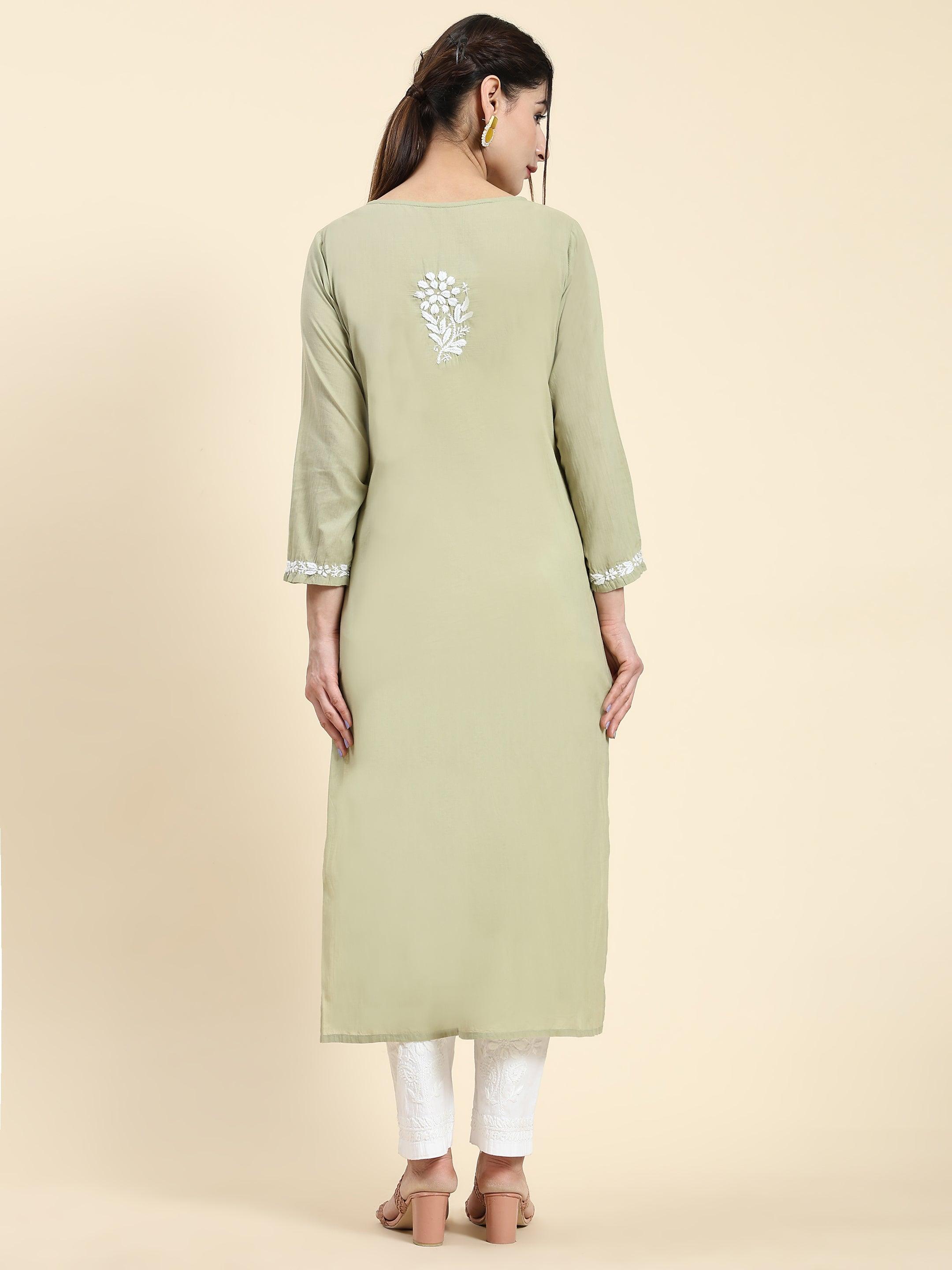 Samma Chikankari Cotton Long Kurti for Women - Elegant Green Embroidered Tunic Top | Perfect for Festivals, Parties & Casual Wear