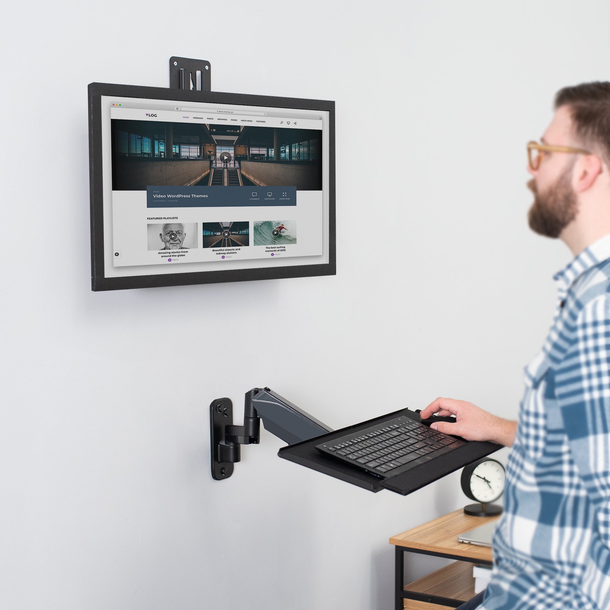Adjustable Single Monitor Wall Mount for 17 to 32 Inch Screens with Keyboard Tray - Space Saving VESA Compatible Desk Solution for Home Office, Gaming & Workstation Setup