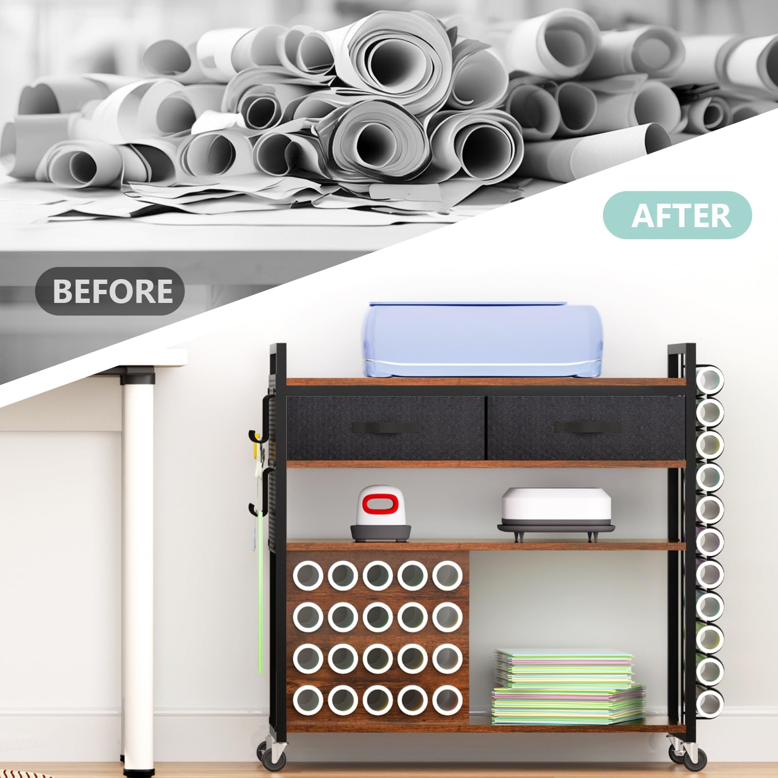 Multi-Functional Craft Storage Cart with Vinyl Roll Holder - Large Sturdy Organizer Compatible with Cricut Machines | Perfect for Craft Room Organization & Scrapbooking Supplies Storage
