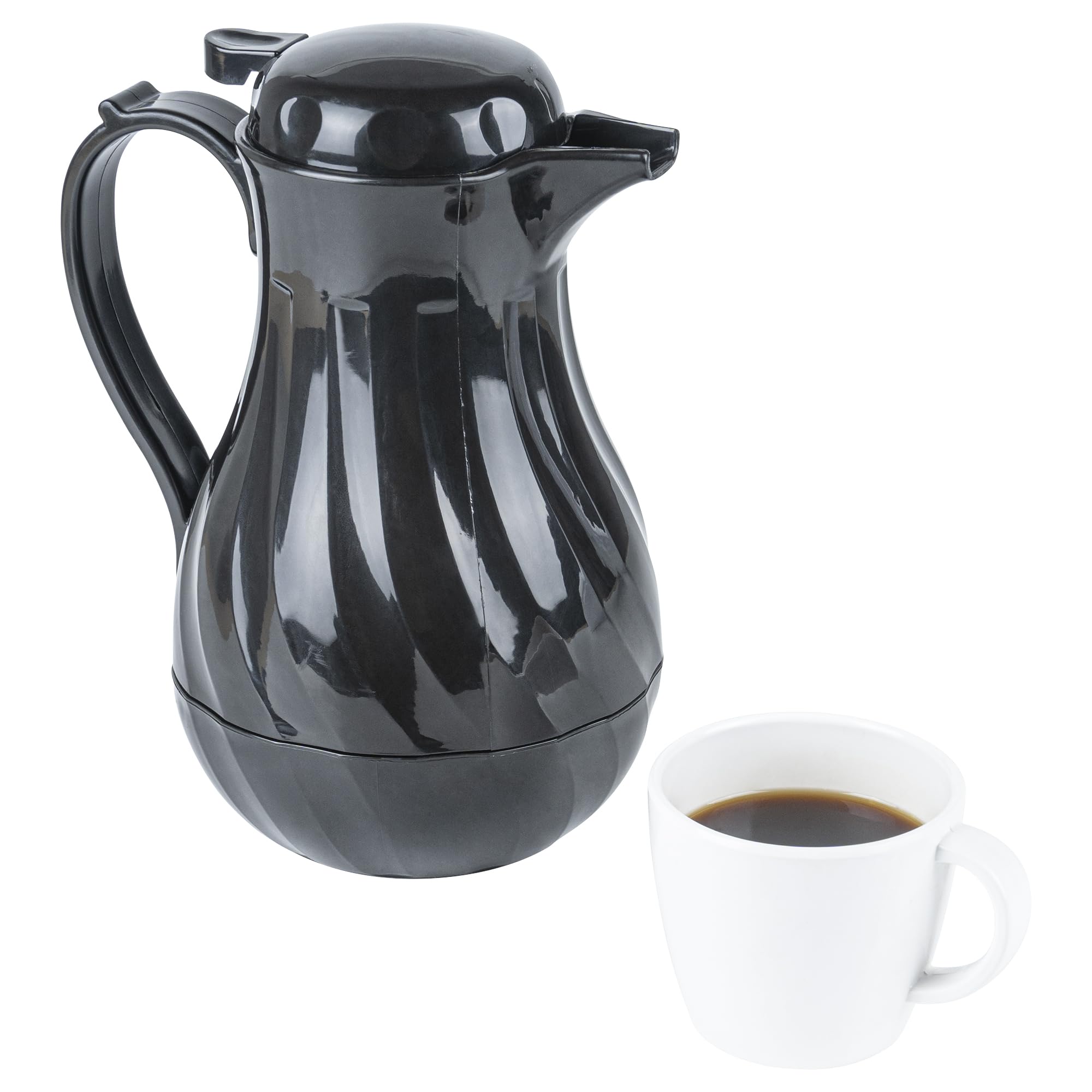 Restaurantware Restpresso 42oz Insulated Coffee Carafes - 10 Pack with Push-Button Lid, Swirl Design & Built-in Handle - Black Plastic Coffee Servers with ID Tags for Restaurants, Cafes & Catering Events
