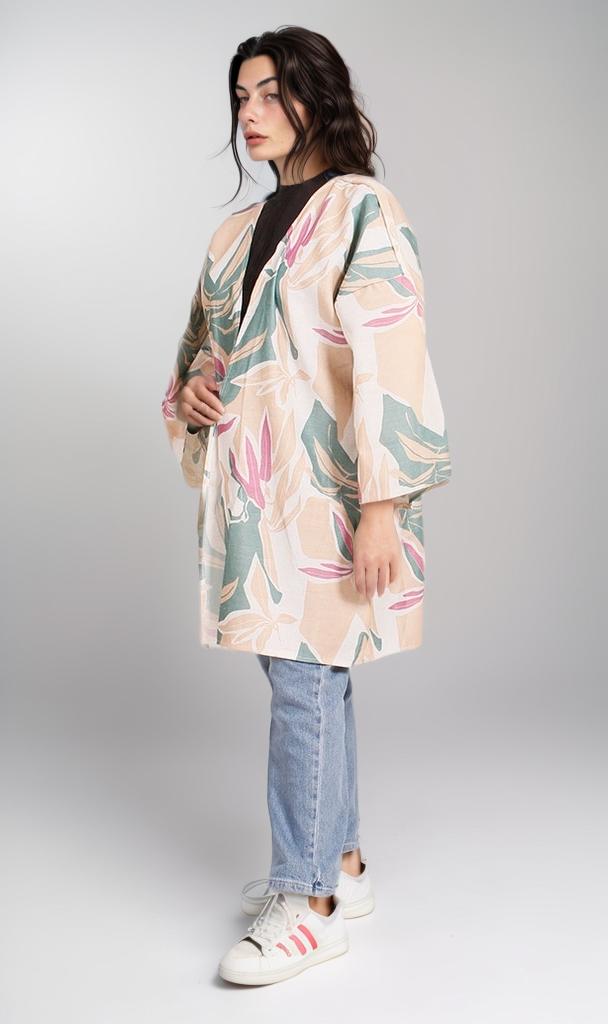 Printed Linen Look Kimono - Beige Tropical Print Floral Robe | Lightweight Cover Up for Beach, Vacation & Summer Outfits