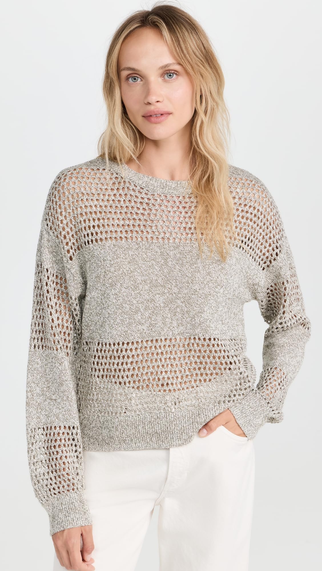 ATM Anthony Thomas Melillo Women's Cotton Linen Blend Open Knit Crew Neck Sweater - Casual Chic Pullover for Fall Layering & Weekend Outfits