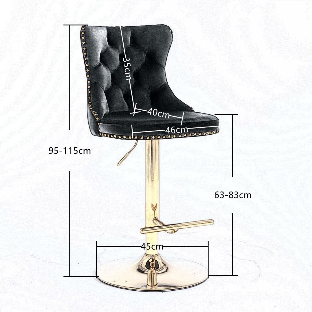 Adjustable Height Swivel Bar Stool with Footrest - Velvet Upholstery, Studded Design & Golden Base (Grey) - Perfect for Kitchen Islands, Home Bars & Dining Counter Stools