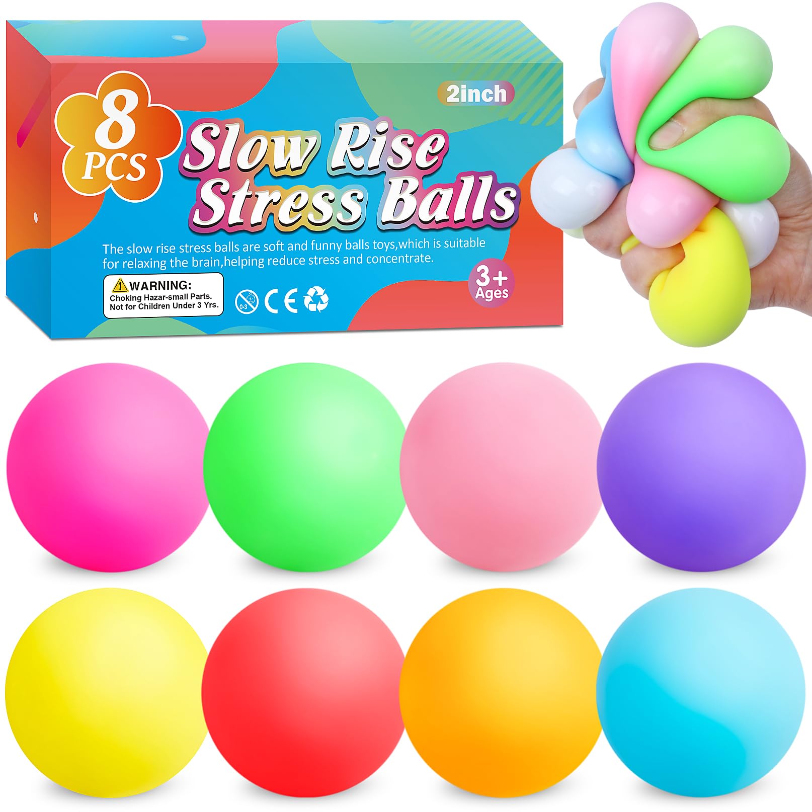 8 Pack Slow Rising Stress Balls for Kids & Adults - Squishy Fidget Toys for Anxiety Relief, Hand Therapy & Sensory Play - Perfect for Classroom Prizes, Office Stress Relief & Home Relaxation