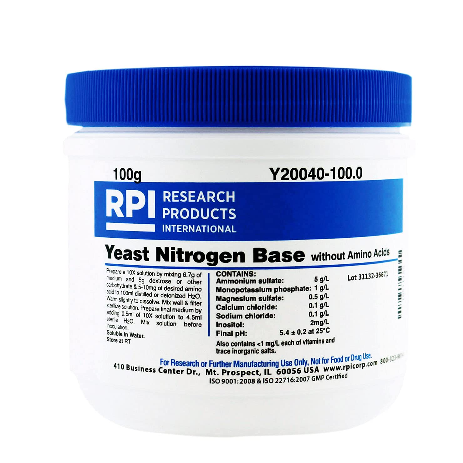 RPI Y20040-100.0 Amino Acid-Free Yeast Powder 100g - Ideal for Laboratory Research, Microbiology Studies & Fermentation Experiments