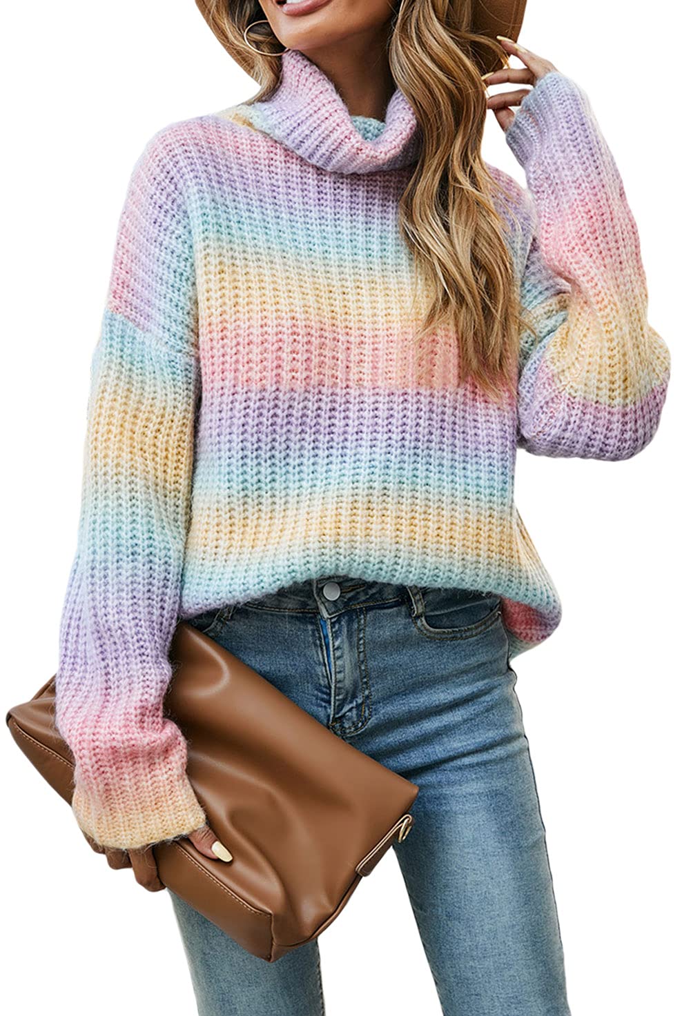 CHARTOU Women's Chunky Ribbed Turtleneck Sweater - Rainbow Gradient Color Knit Pullover for Winter Fashion & Casual Outfits | Perfect for Office, Date Night & Holiday Gatherings