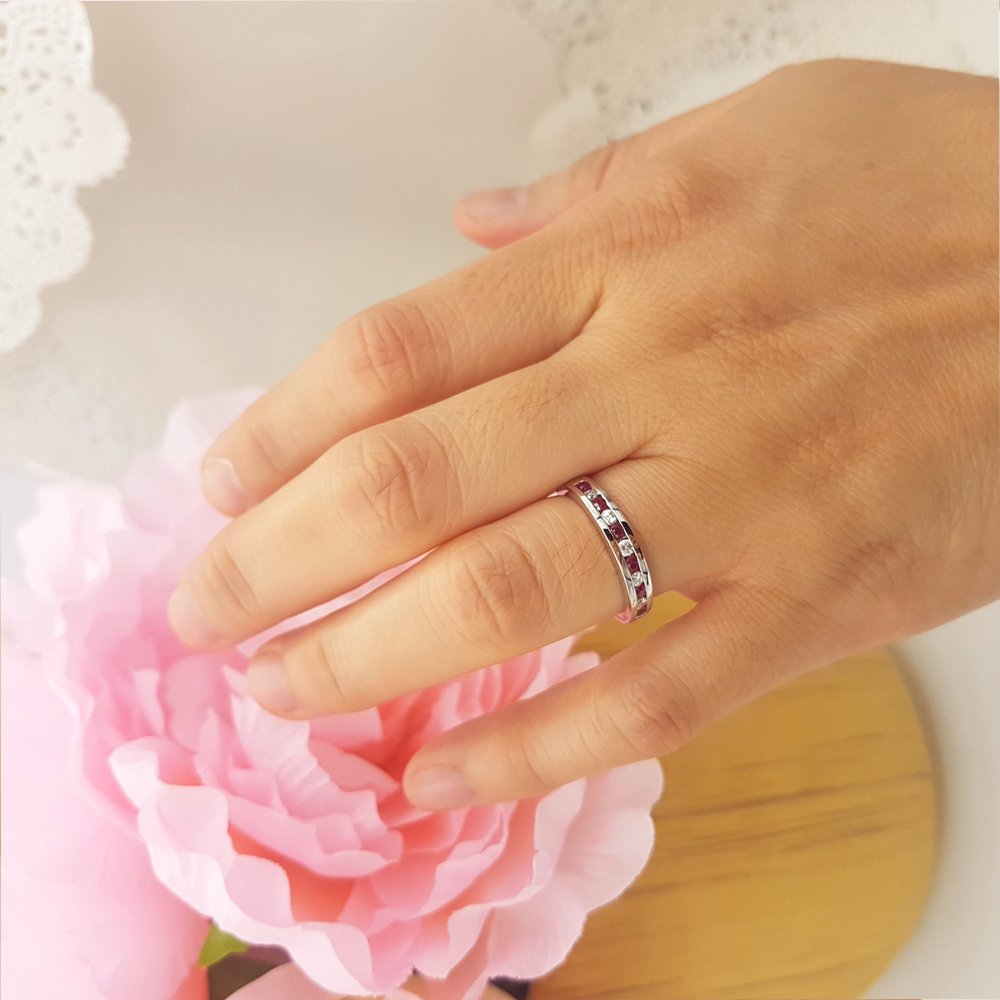 10K Solid White Gold Round Ruby & White Diamond Stackable Ring for Women - Anniversary, Wedding, Engagement Jewelry Gift - Perfect for Bridal Sets, Proposals & Special Occasions
