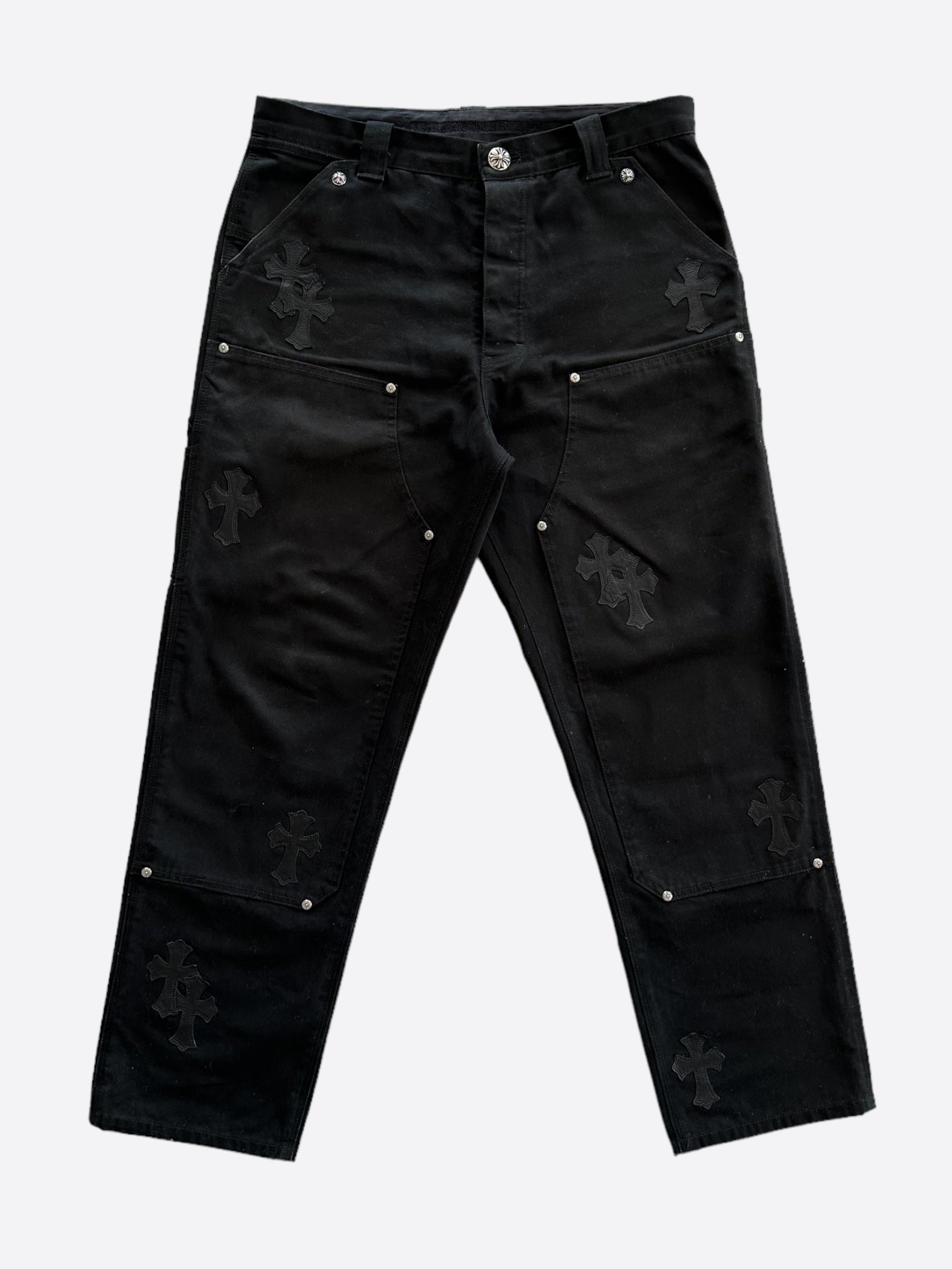 Chrome Hearts Black & Pink Cross Patch 1/1 Carpenter Pants - Vintage Punk Style Denim Pants for Men & Women | Perfect for Streetwear, Gothic Fashion & Concert Outfits