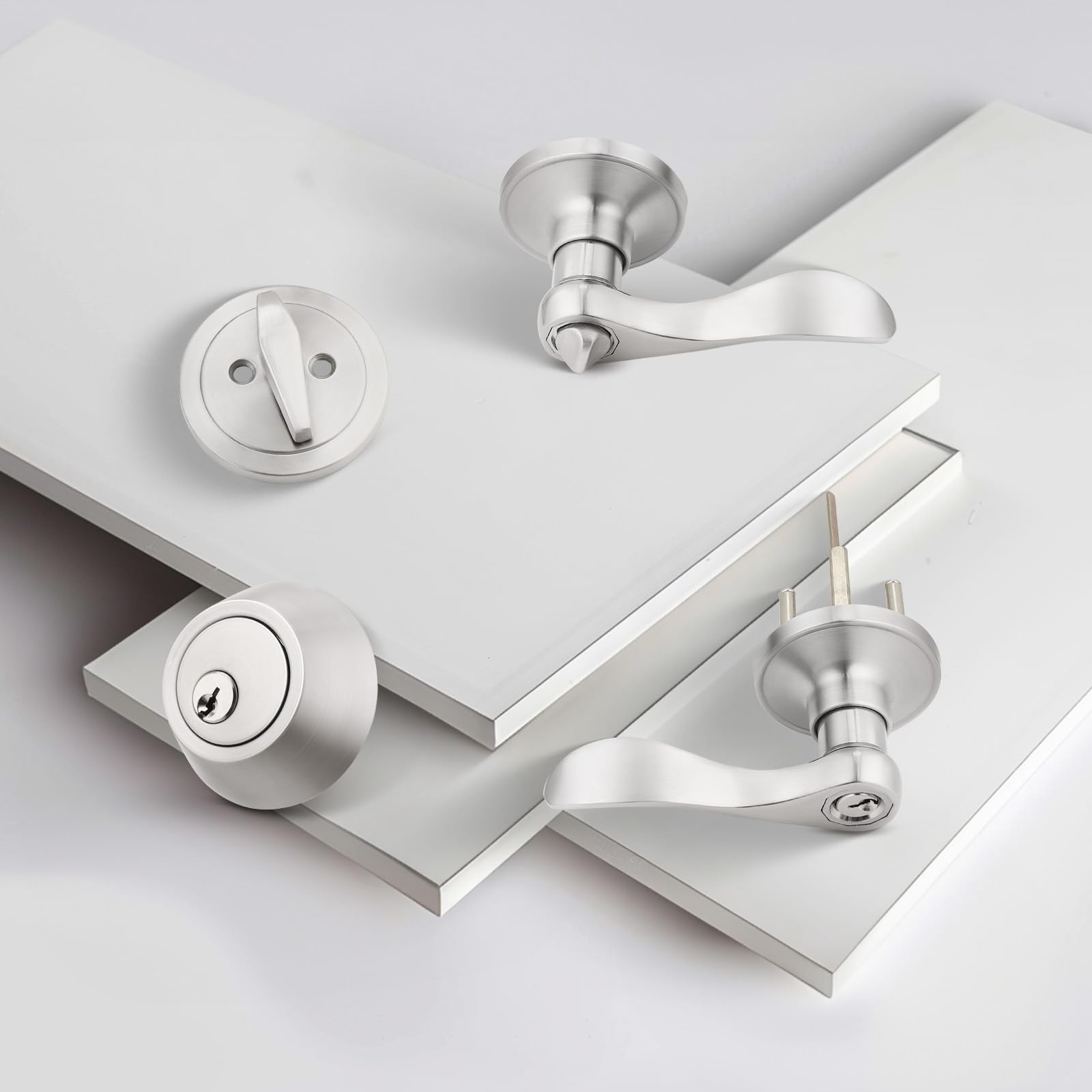 3 Pack Keyed Entry Door Lock Set - Keyed Alike Single Cylinder Deadbolt with Wave Style Handle, Satin Nickel Finish, Reversible Leverset for Home Security | Perfect for Bedroom, Front Door, Office & Apartment Use