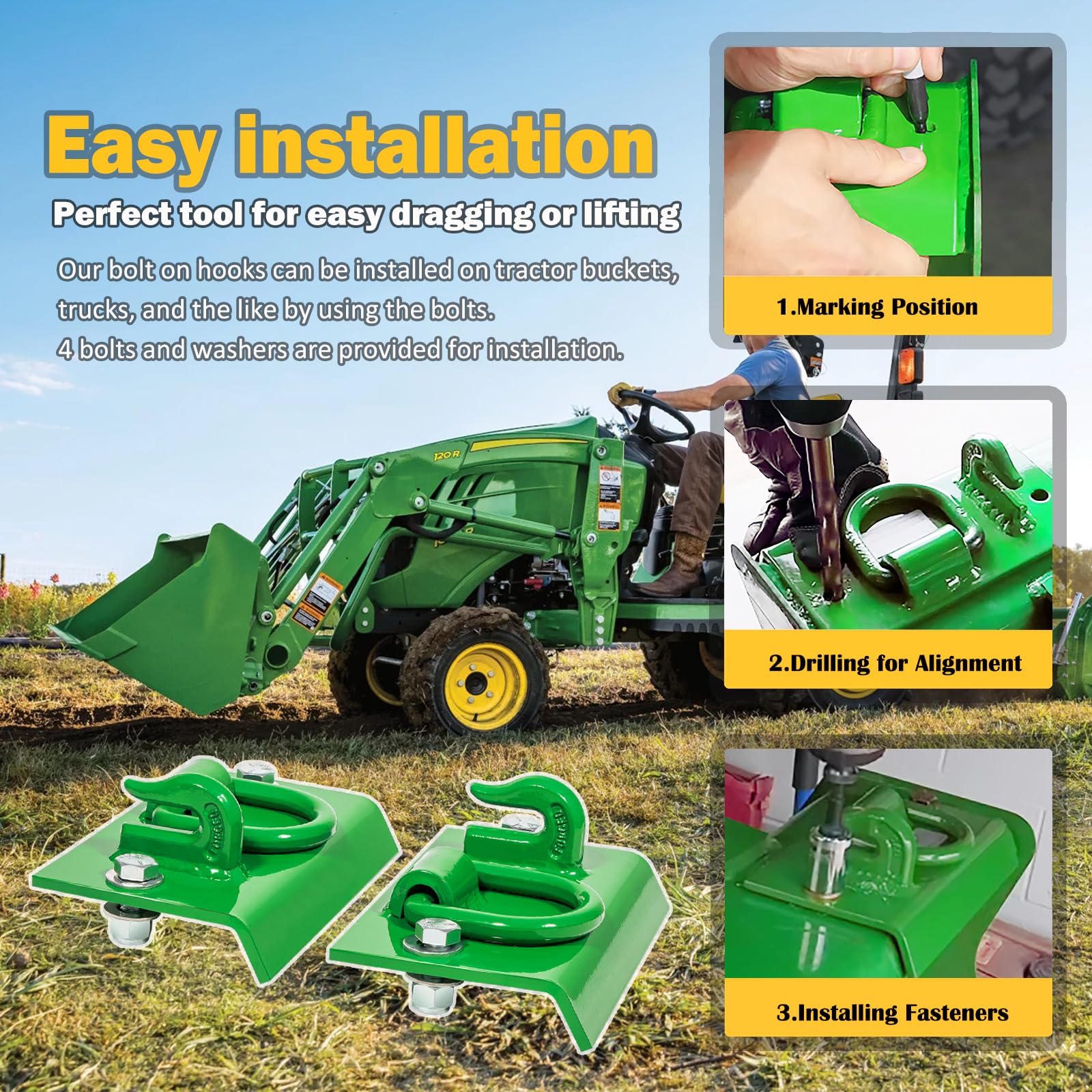 Heavy Duty Tractor Bucket Hook Grab Hooks - Fits John Deere 1025R, 2032R, 3320, 2520 & Other Compact Tractors - Bolt-On D Rings for Sub Compact & Compact Tractor Buckets - Perfect for Lifting, Hauling & Farm Equipment Attachment