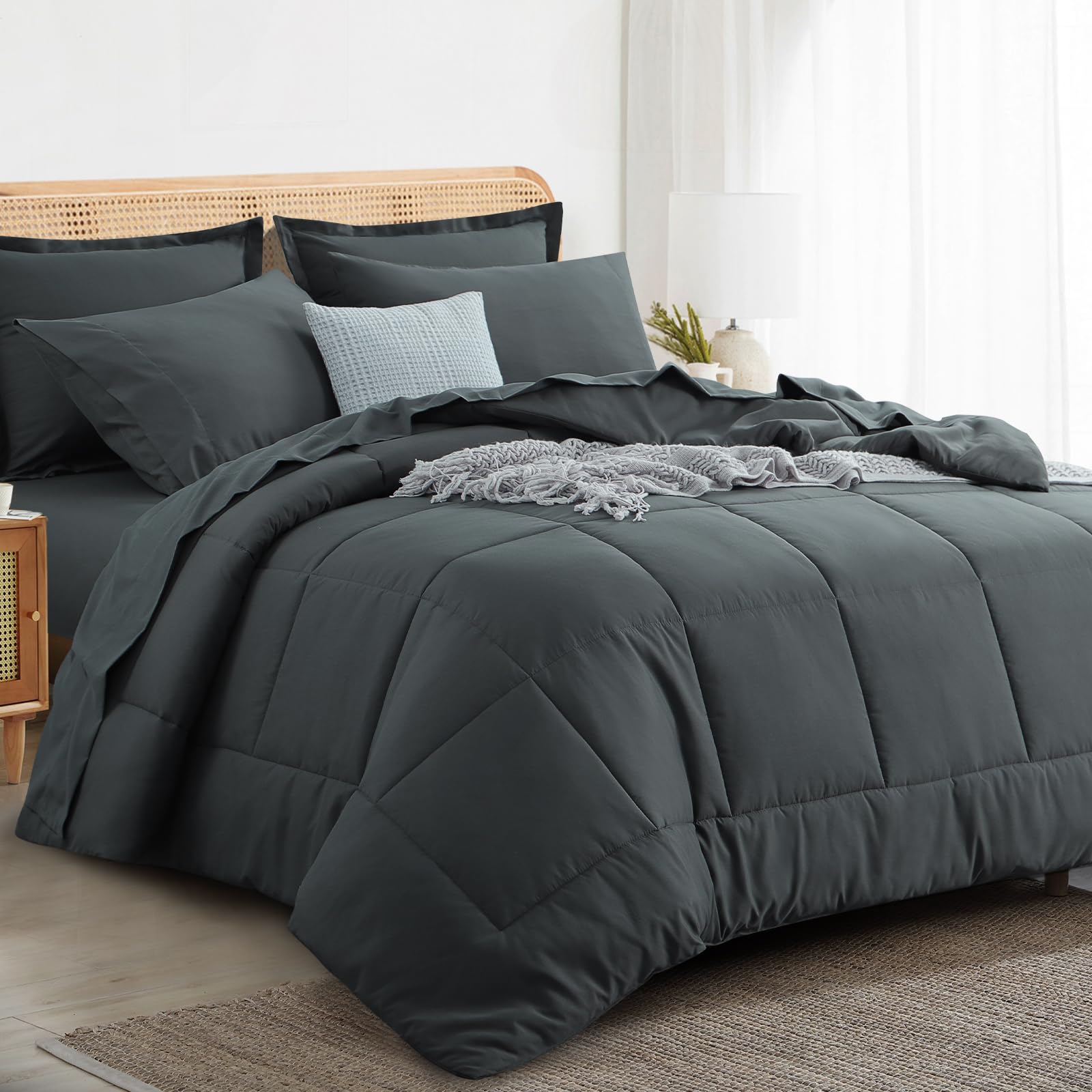 RUIKASI 7-Piece King Size Comforter Set - All Season Dark Grey Bedding with Comforter, Pillow Shams, Sheets & Pillowcases | Luxury Bed in a Bag for Master Bedroom, Guest Room & Dorm Decor