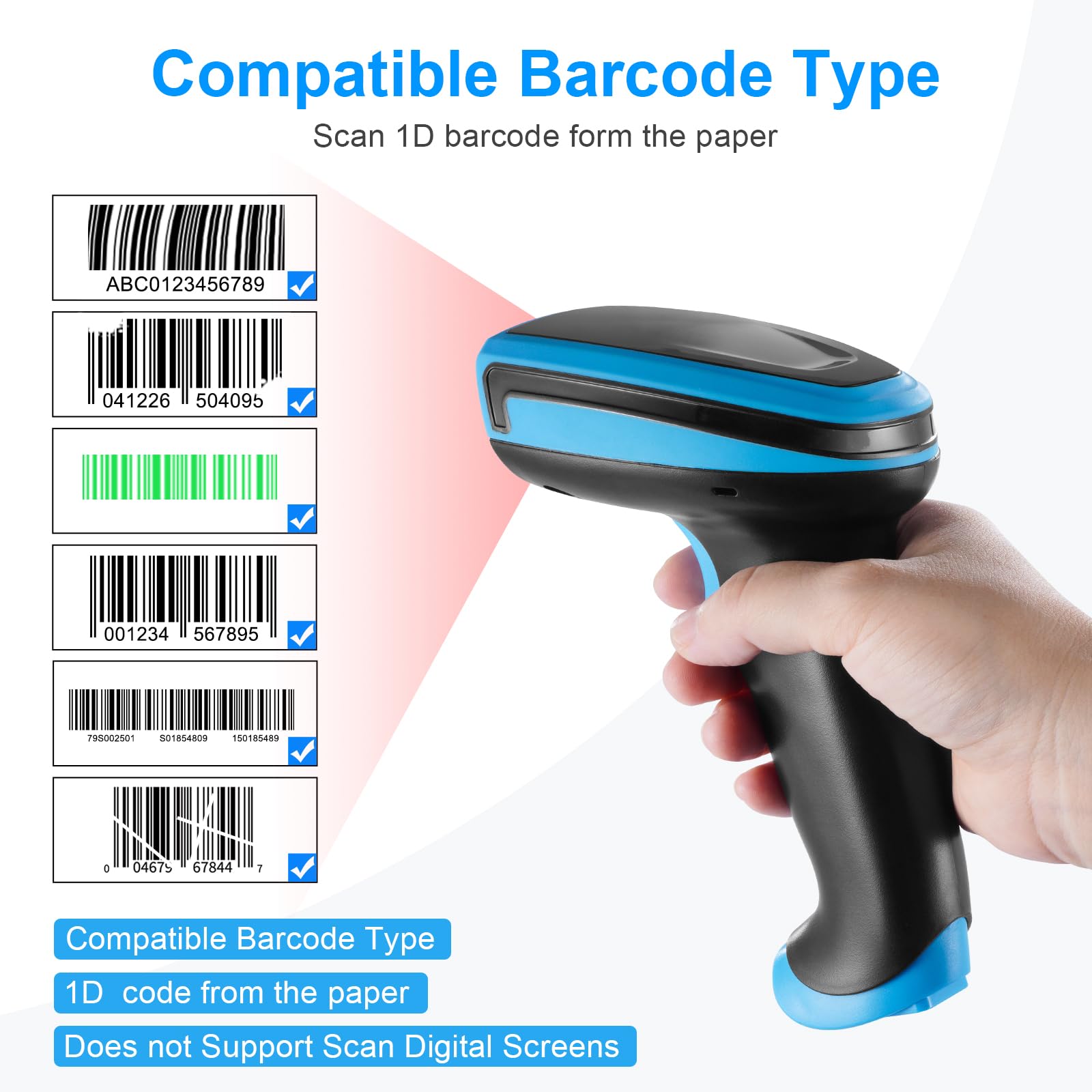 1D Barcode Scanner - Onewscan Wireless Laser Bar Code Reader with Stand, 2.4G Wireless & USB Wired Connection, Plug and Play Handheld Scanner for Retail, Warehouse, and Inventory Management