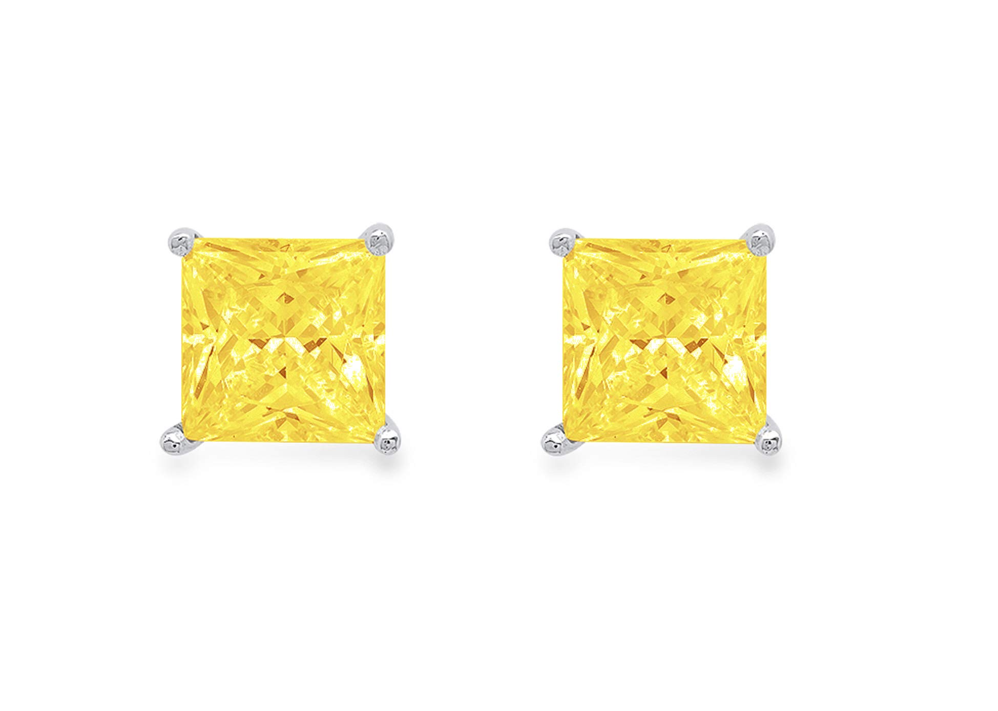 1.50 Carat Princess Cut Canary Yellow Simulated Diamond Stud Earrings in 14K White Gold - Anniversary Gift for Her, Push Back Setting - Perfect for Weddings, Parties & Special Occasions