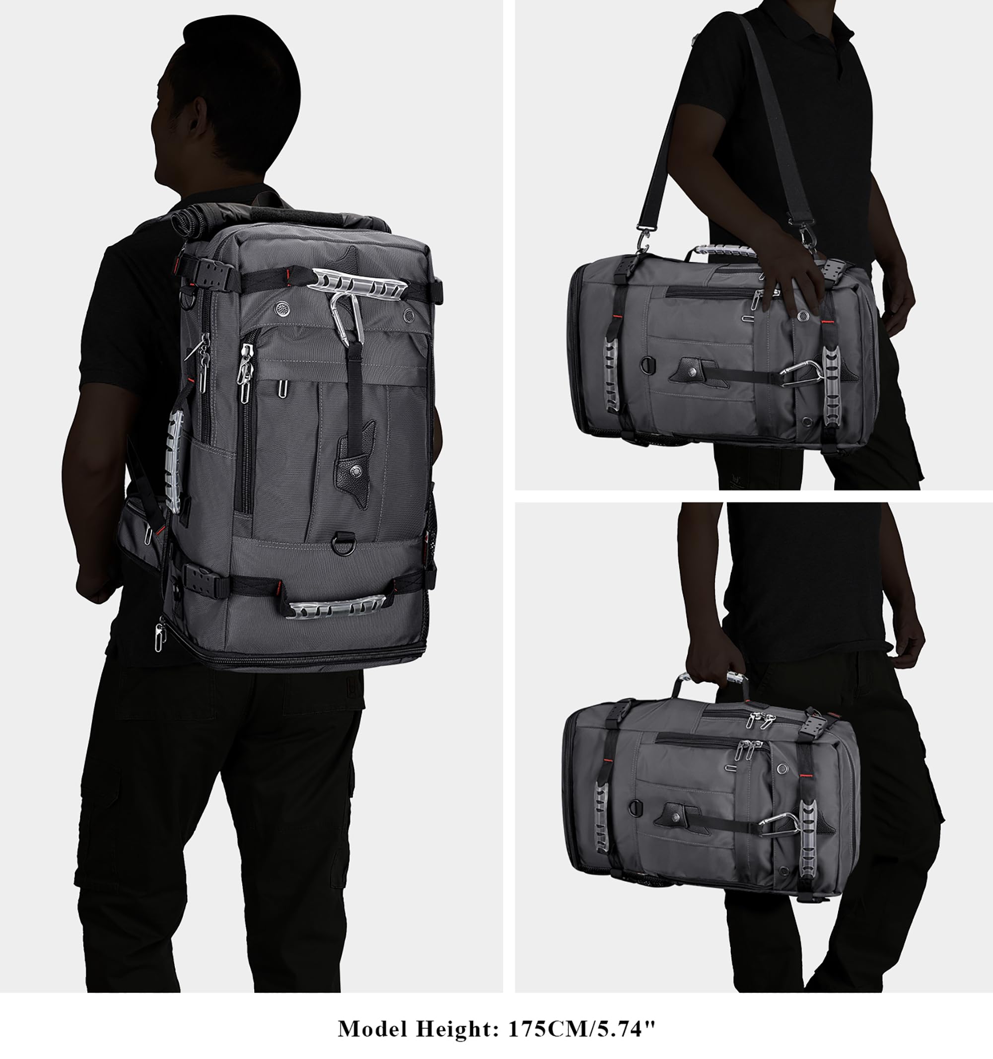 WITZMAN Convertible Travel Backpack for Men - Duffle Luggage Carry On Bag Fits 17 Inch Laptop - Airplane Approved - B681 Silvery Grey - Perfect for Business Trips & Weekend Getaways
