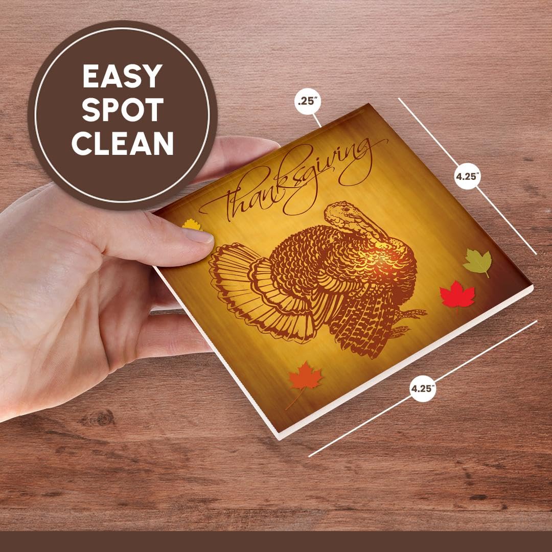3D Rose Thanksgiving Turkey and Fall Leaves Ceramic Tile Coasters Set of 4 - Holiday Home Decor for Thanksgiving, Autumn Table Setting, and Seasonal Party Accessories