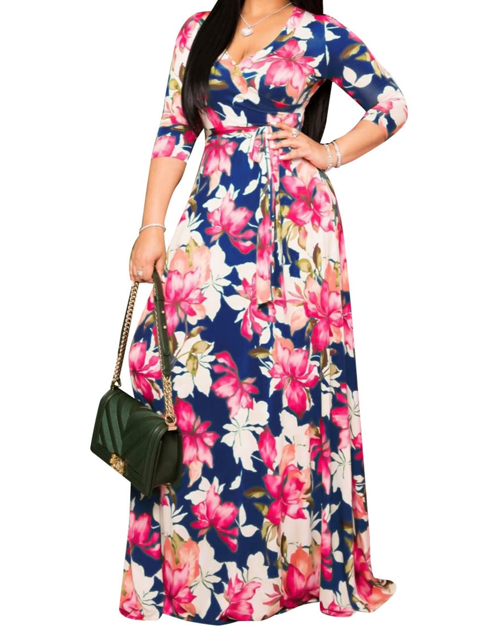 JTNFairy Women's Casual Floral Print Long Maxi Dress - Plus Size Summer Beach Dress, Boho Party Outfit for Vacations & Outdoor Events
