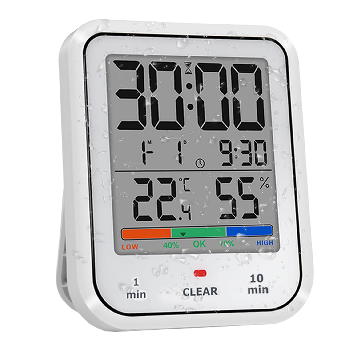 Geevon Digital Bathroom Clock - Waterproof Shower Timer with Large Touch Screen, Battery Operated Wall Clock with Temperature & Humidity Display - Suction Cup/Hanging Hole/Stand (White) - Perfect for Bathroom, Shower, Kitchen, Gym & Home Decor