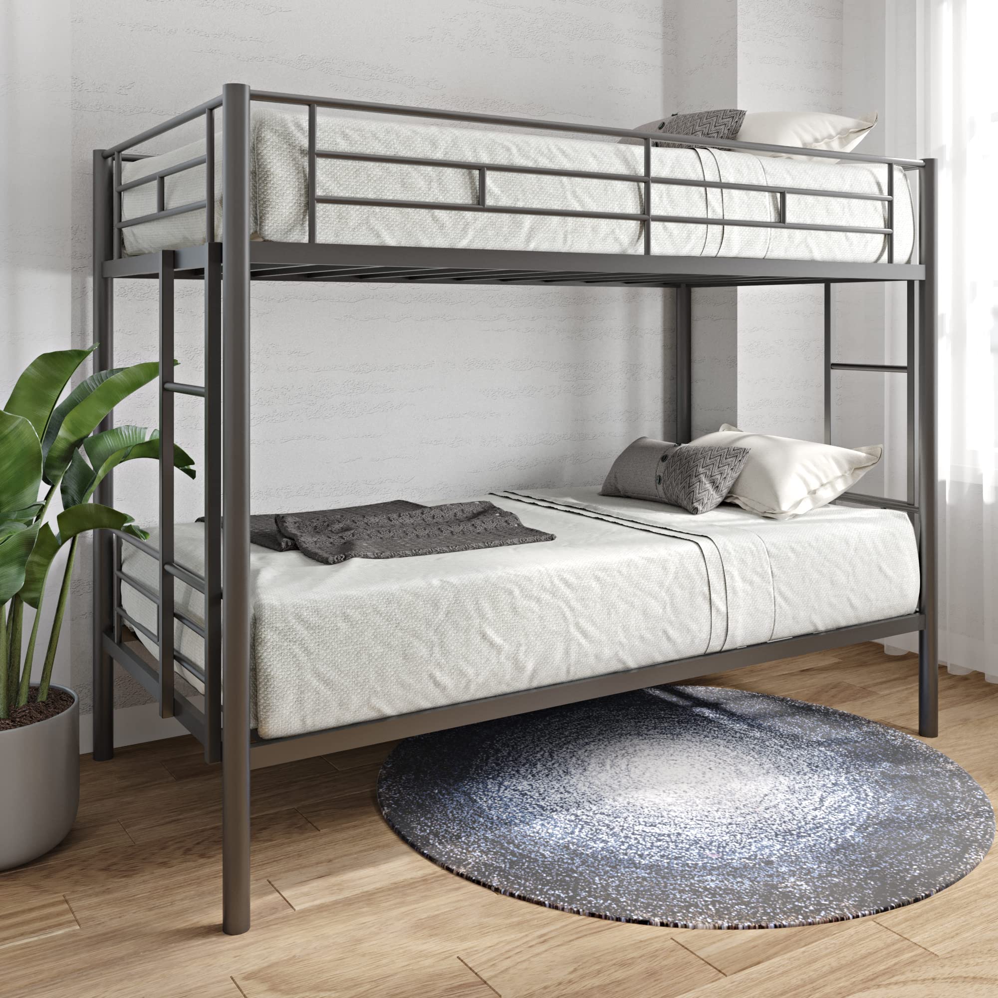 Twin Over Twin Metal Bunk Bed with Ladder & Safety Rail - Convertible to 3 Separate Beds | Space-Saving Kids & Guest Room Solution for Small Apartments & Dormitories