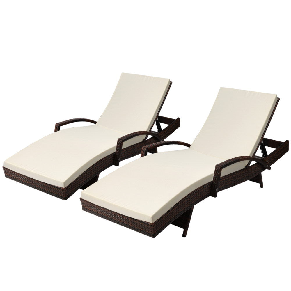 Two Sun Lounge Outdoor Furniture Day Bed Set - Rattan Wicker Patio Lounger in Brown | Perfect for Poolside, Garden & Backyard Relaxation
