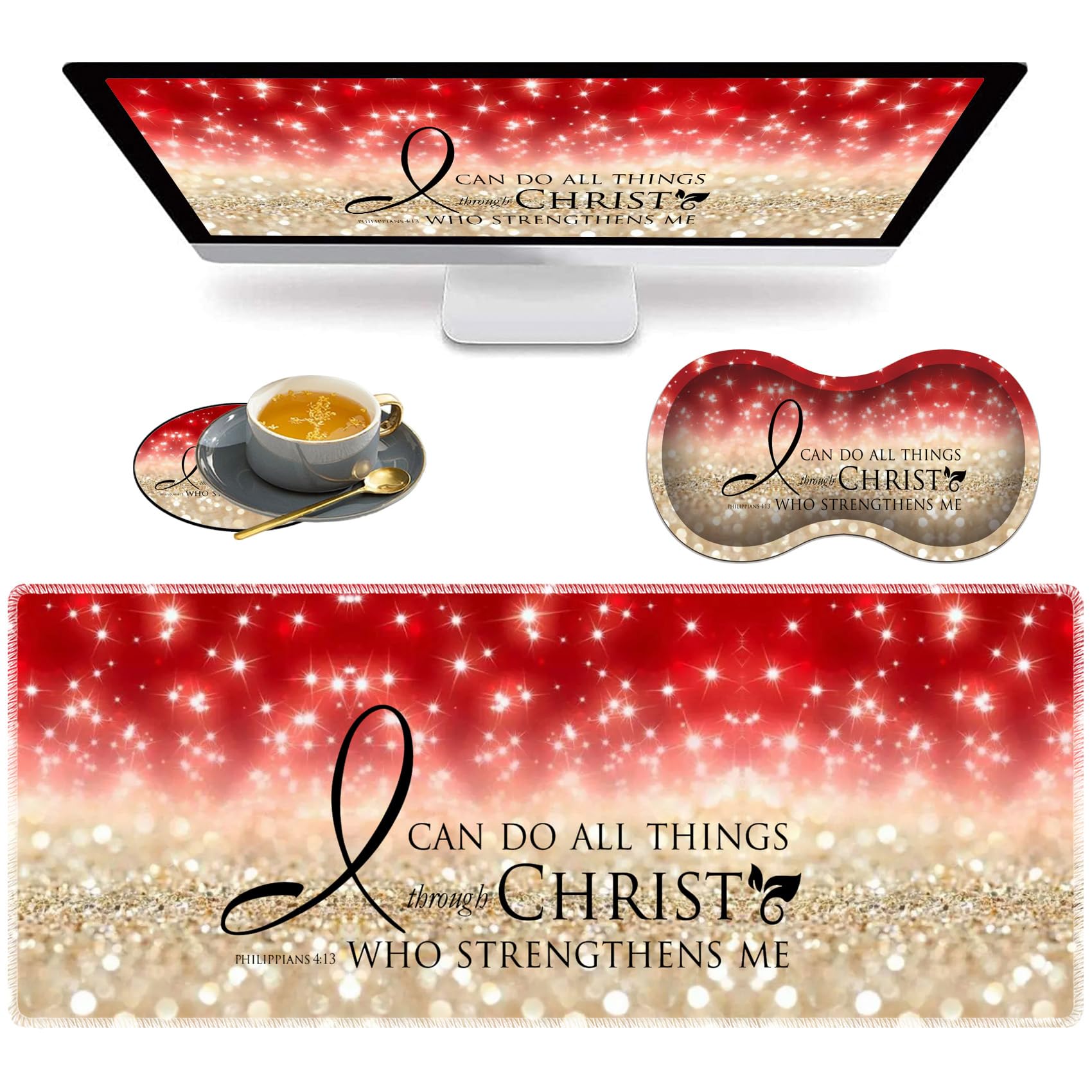 3-Piece Premium Mouse Pad Set with Stitched Edge - Large Anti-Slip Desk Mat, Keyboard Pad & Memory Foam Wrist Rest + Bonus Coaster - Bible Verse Philippians 4:13 in Pink - Perfect for Office, Home & Gaming Workstations
