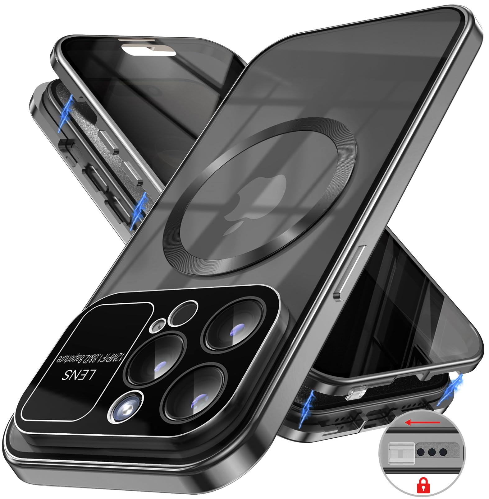 Magnetic Privacy Case for iPhone 14 Pro Max - Full Camera Lens Protector & Safety Buckle Lock | Magsafe Compatible Anti-Spy Screen Protector with Double-Sided Tempered Glass | Perfect for Business, Travel and Secure Mobile Banking
