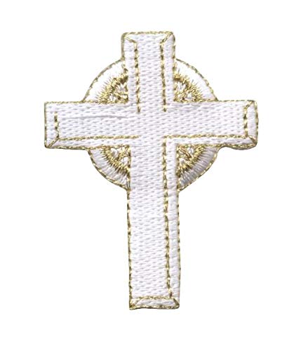 Gold and White Celtic Cross Embroidered Iron On Patch - Perfect for Jackets, Bags, and DIY Crafts | Vintage Style Sew-on Emblem for Clothing Customization