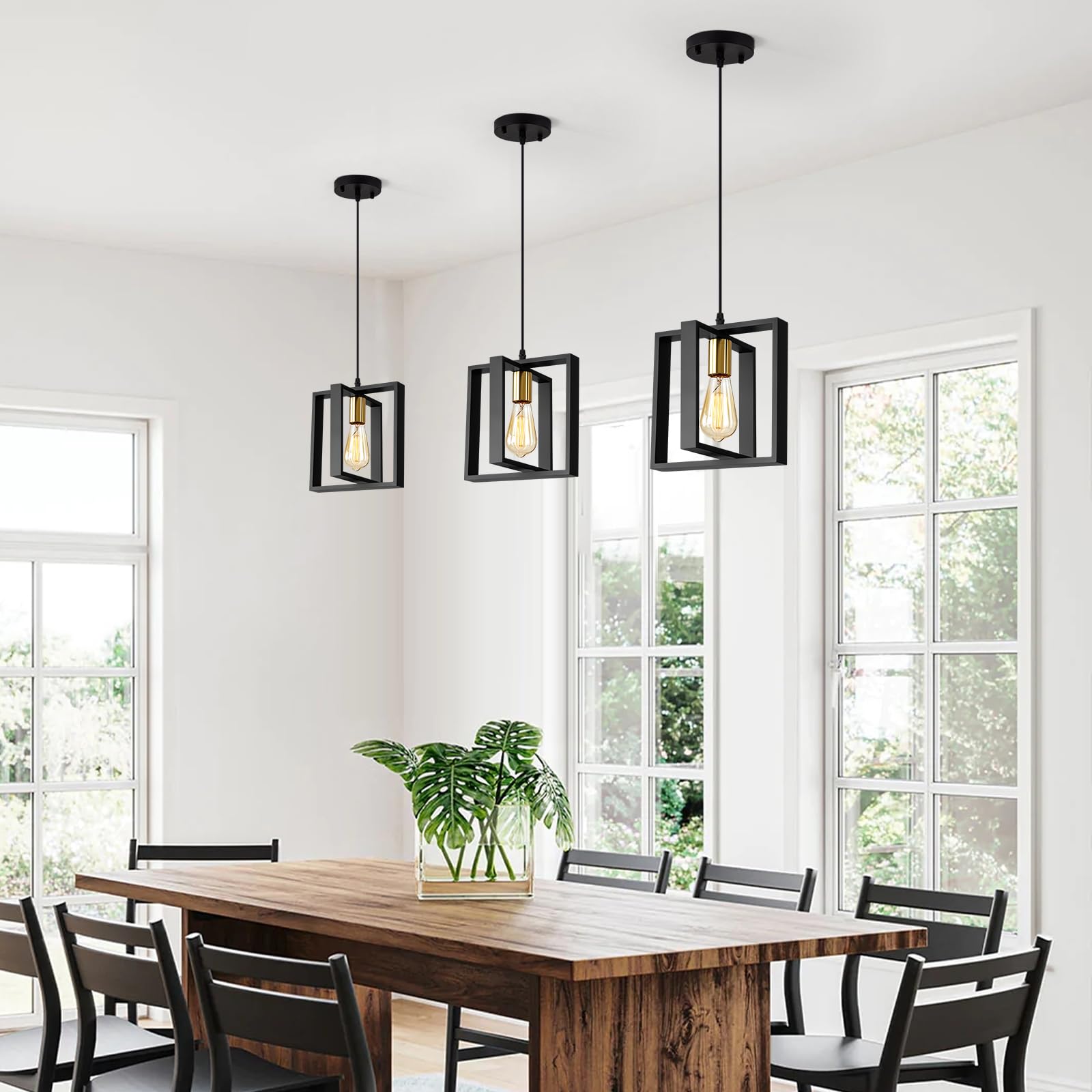 Farmhouse Small Pendant Light Fixture - 9.5 Inch Kitchen Island Hanging Lamp with Cord, Black and Gold Finish Wood Frame Chandelier for Hallway, Entryway, Closet & Bedroom Lighting - E26 Base - Perfect for Rustic Home Decor and Cozy Ambiance