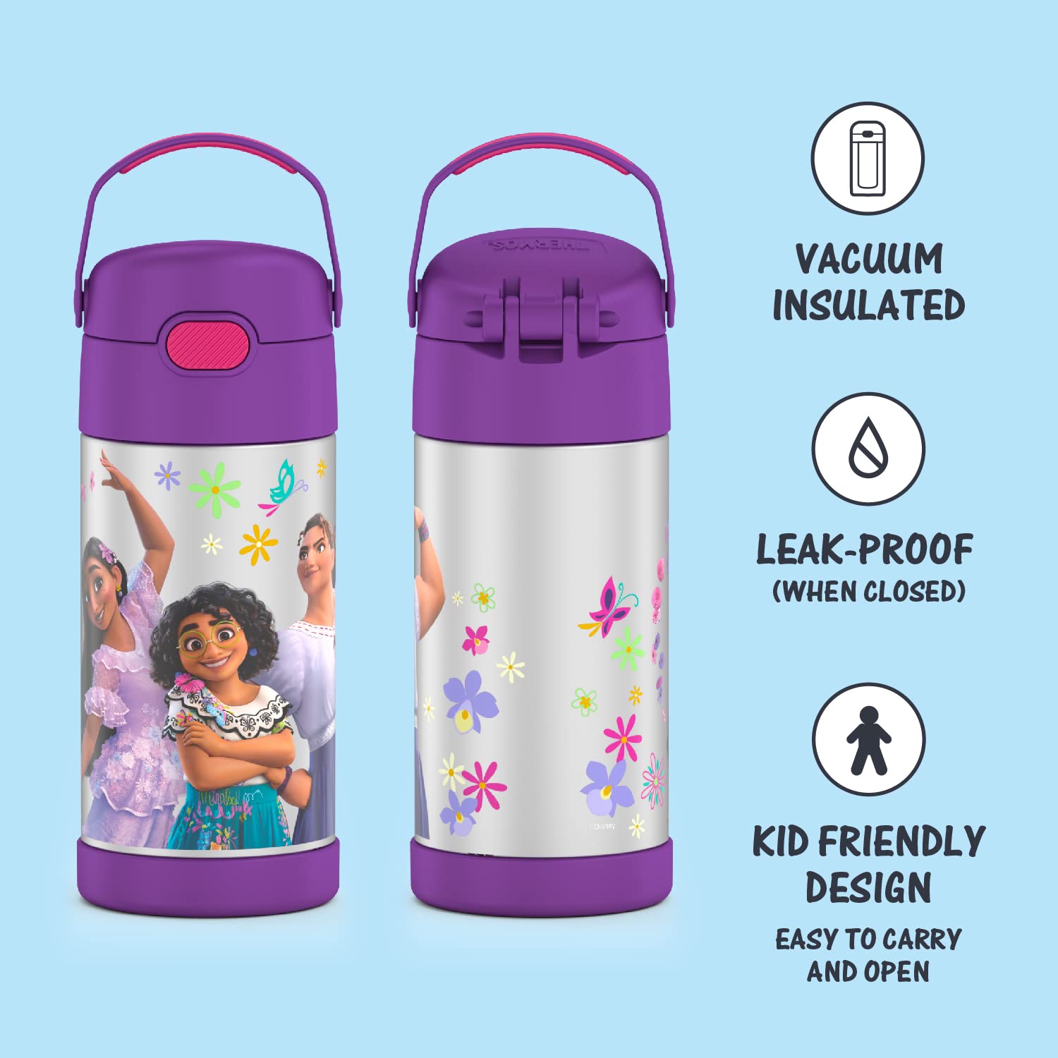 Thermos Funtainer 12oz Stainless Steel Vacuum Insulated Kids Water Bottle with Straw - Encanto & Frozen 2 Designs Bundle | Leakproof for School, Travel & Outdoor Activities