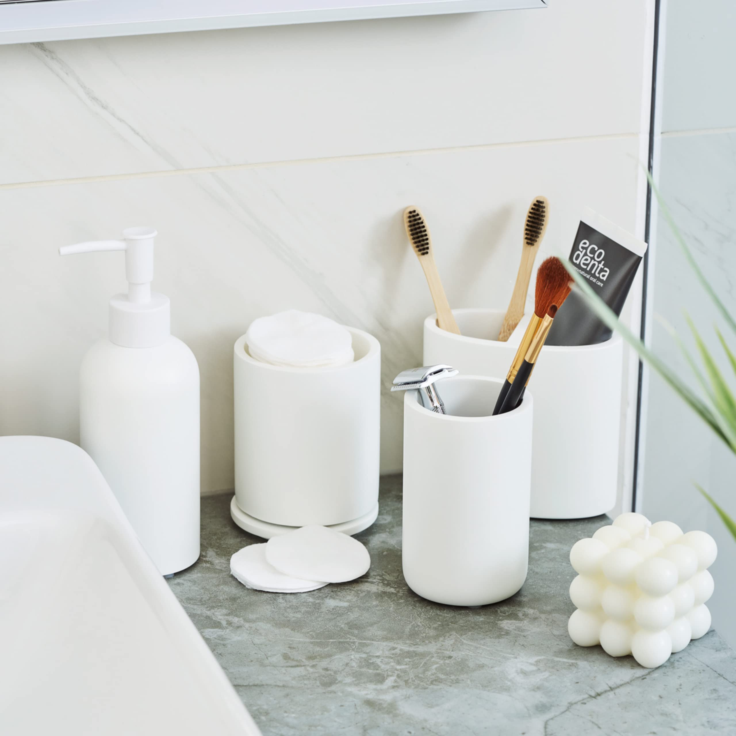 Premium 4-Piece White Bathroom Accessory Set - Soap Dispenser, Toothbrush Holder & Modern Decor | Complete Bathroom Organization Kit for Home, Hotel & Spa Use