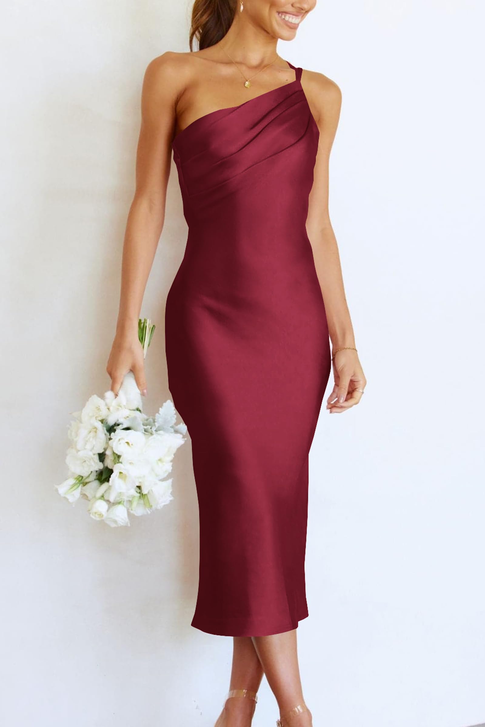 PRETTYGARDEN Women's One Shoulder Midi Dress - Satin Spaghetti Strap Backless Ruched Bodycon Dress for Summer, Beach Party, Date Night and Evening Occasions