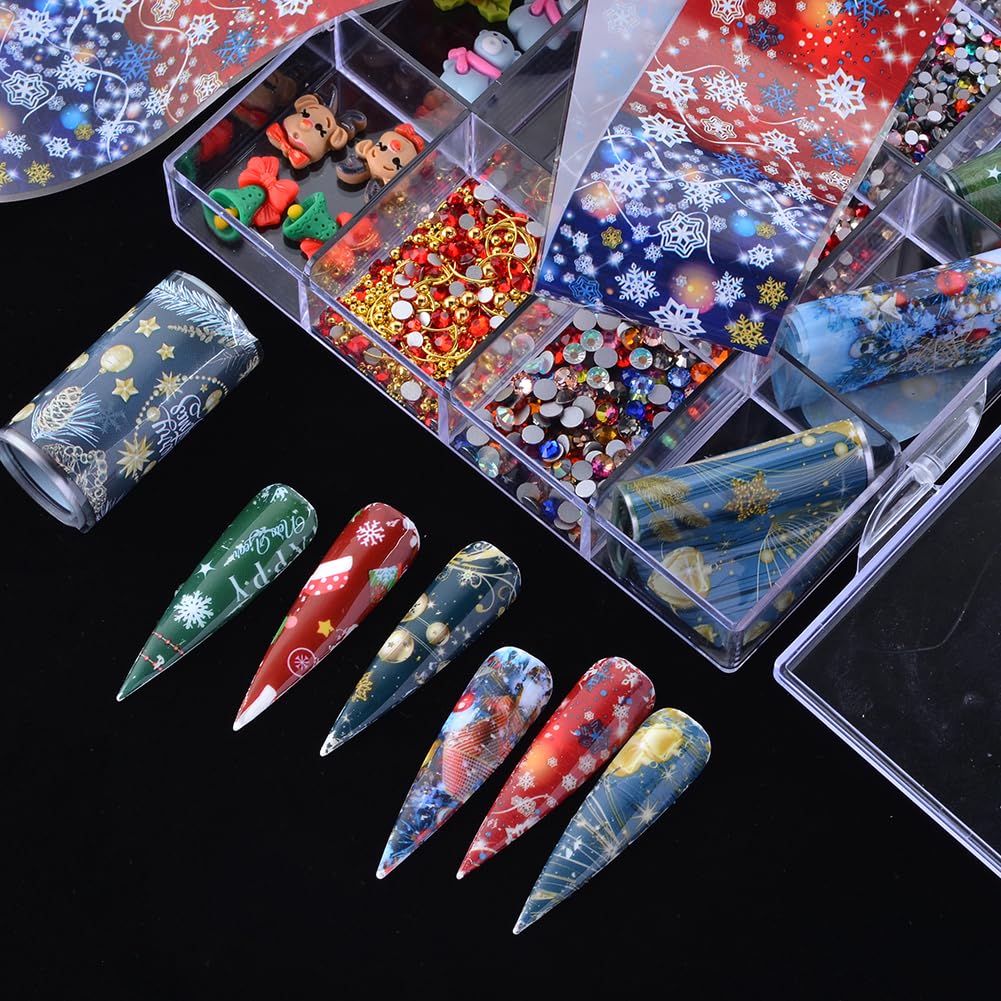 Christmas Nail Art Rhinestones Kit - 3D Reindeer, Bells, Trees Resin Charms with Foil Sequins for DIY Nail Decoration | Includes Wax Pen & Tweezers | Perfect for Holiday Parties, Gift Giving & Festive Nail Designs