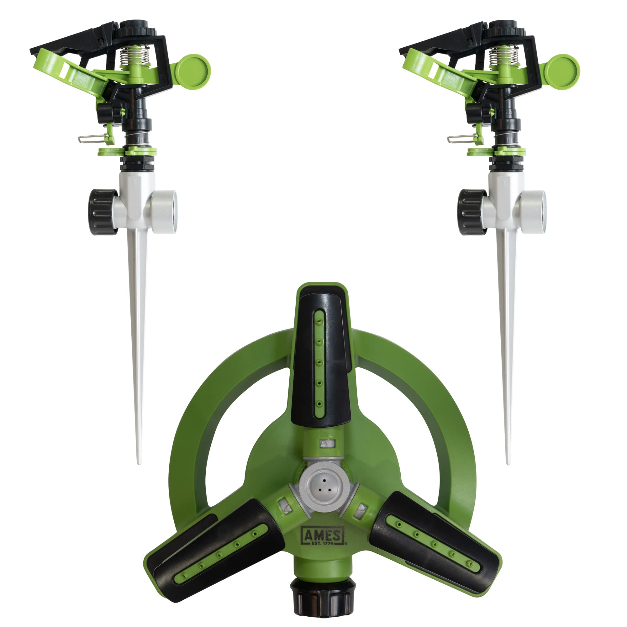 AMES 3-Piece Sprinkler Set with 2 Pulsating Spike & 1 3-Arm Rotating Sprinkler - 360° Adjustable Lawn Watering System for Garden, Yard | Easy Hose Connection | Perfect for Grass, Flower Beds & Landscaping