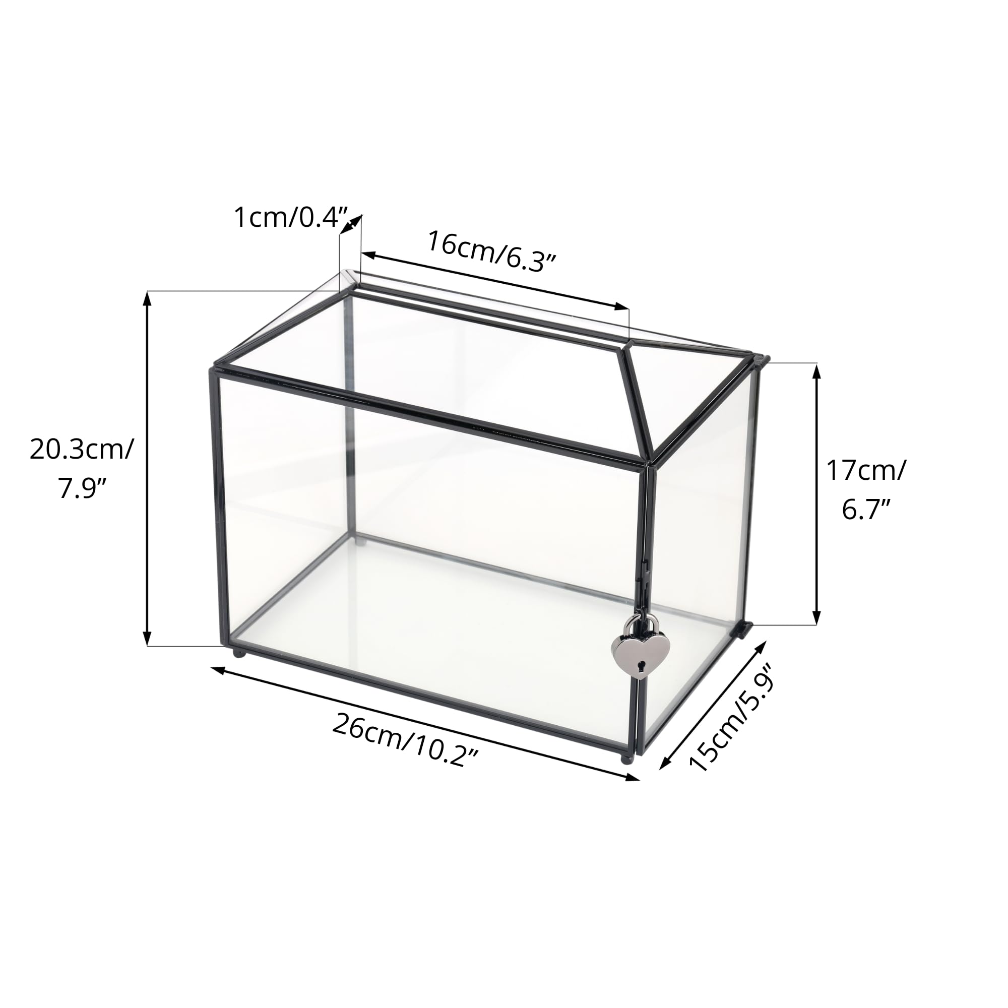Elegant Black Geometric Glass Cards Box with Slot & Lock - 10.2x5.9x7.9 Inch Handmade Wedding Wishing Well Terrarium - Perfect for Birthday Parties, Reception Decor & Gift Card Holder (Glass Box Only)