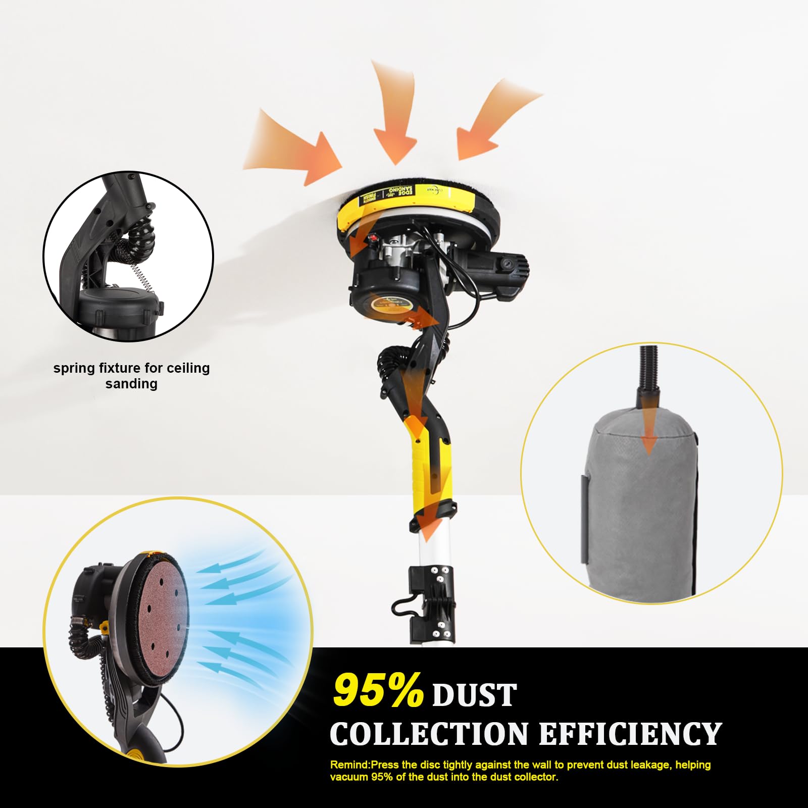 780W Drywall Sander with Vacuum Attachment - 6.5A Popcorn Ceiling Removal Tool with Auto Dust Absorption, 7 Variable Speeds & LED Light - Includes 10 Sanding Discs - Perfect for Wall Smoothing and Popcorn Ceiling Removal Projects