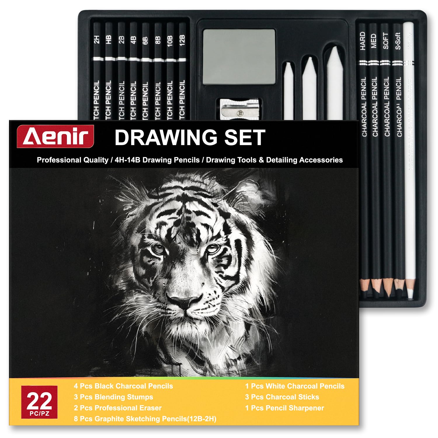 Professional 22-Piece Charcoal Pencil Set for Drawing & Sketching - Art Supplies for Shading, Detailing & Sketching - Ideal for Beginners & Professional Artists - Perfect for Portraits, Landscapes & Still Life Drawings