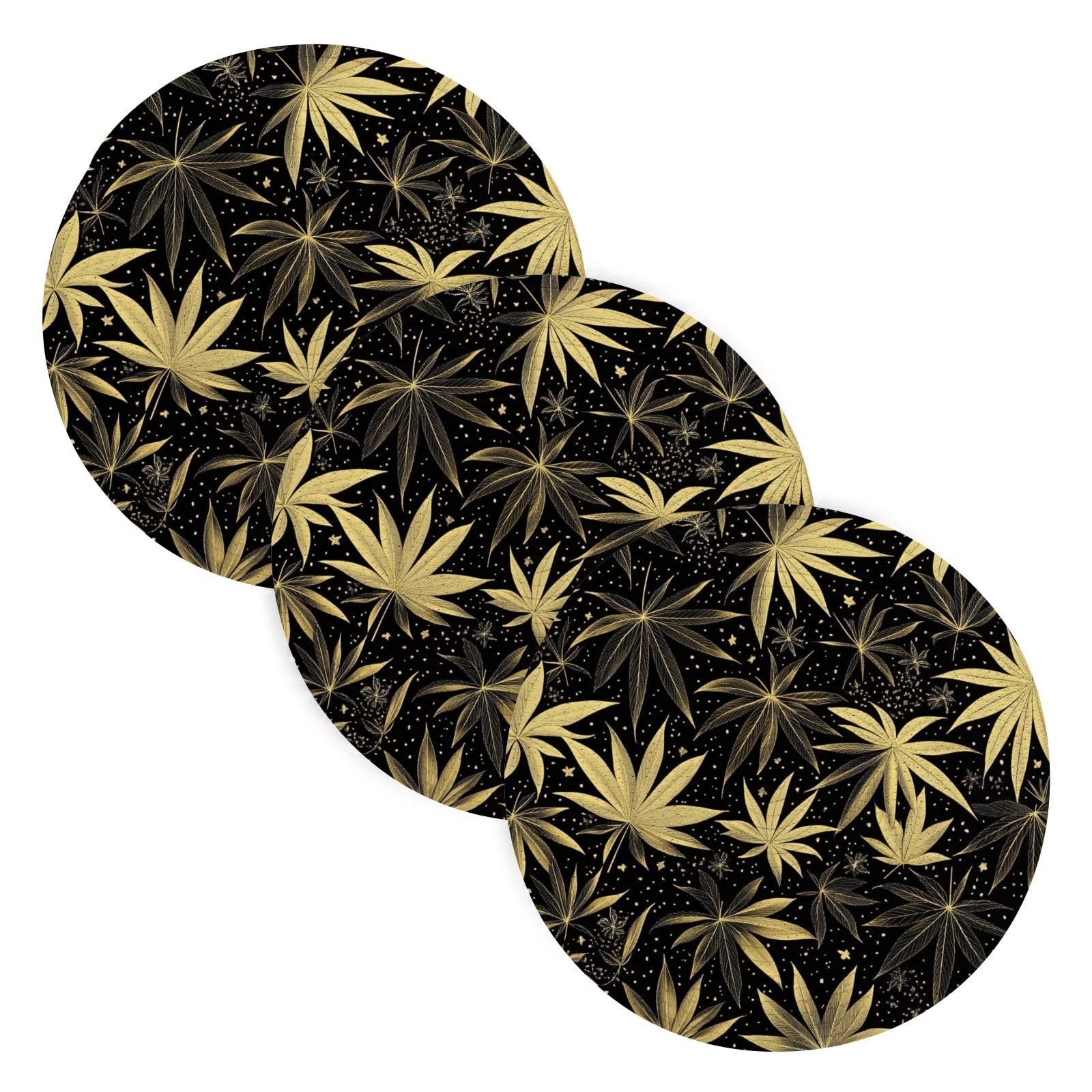 3-Pack Absorbent Cotton Trivets & Table Runner Set - 15 Inch Heat Resistant Hot Pads for Bowls & Dishes - Black & Gold Marijuana Leaf Pattern Kitchen Accessories - Perfect for Dining Tables, Countertops & Holiday Entertaining
