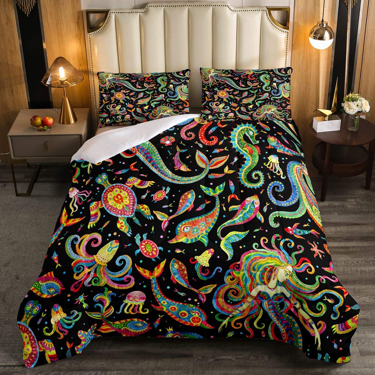 Girls Ocean Marine Bedding Set - Colorful Sea Creature Comforter with Underwater World Design, Ultra Soft Duvet Cover Set for Kids, Floral Queen Size - Perfect for Nursery, Bedroom Decor & Themed Sleepovers