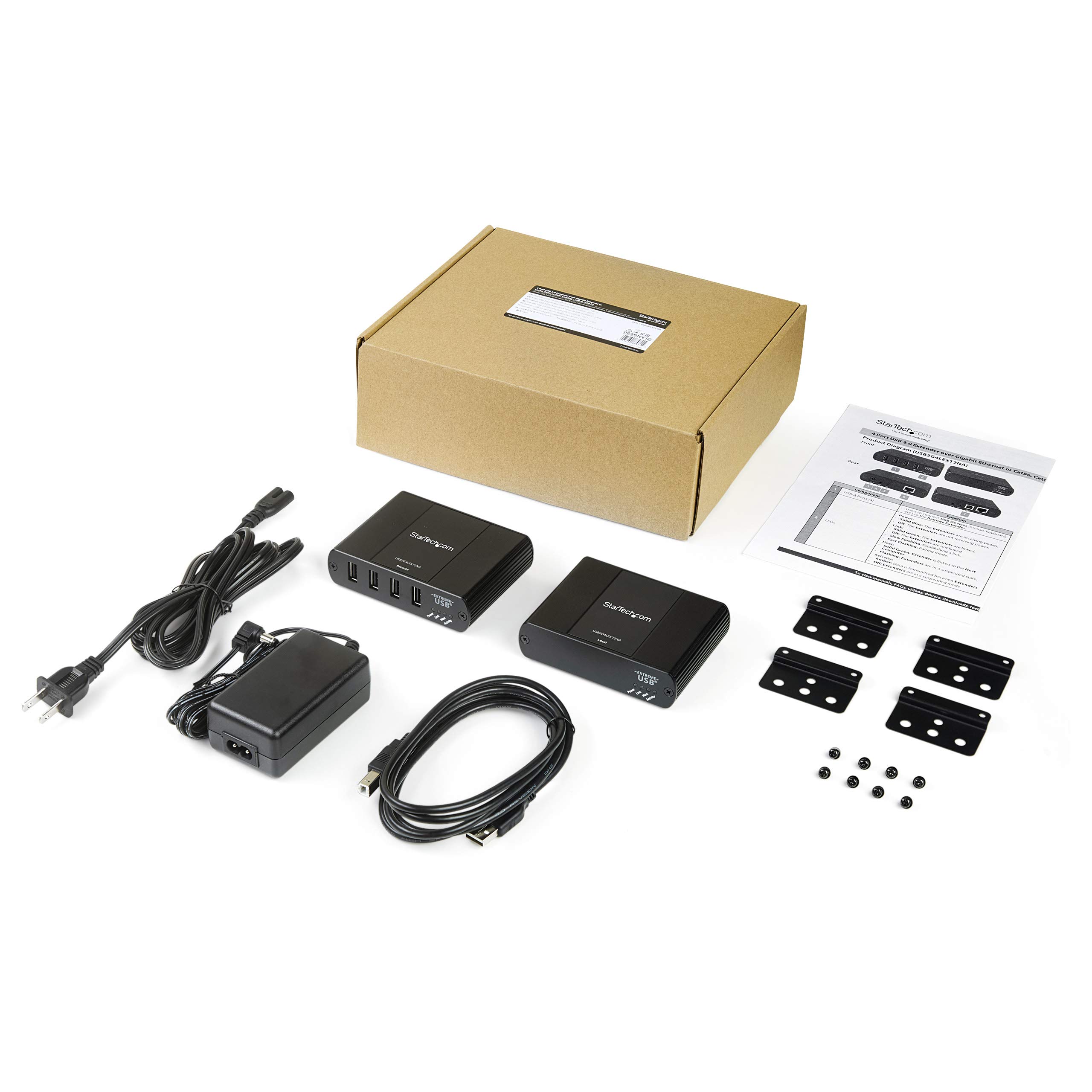 StarTech.com 4 Port USB 2.0 Extender Over Ethernet/IP Network Hub - 330ft (100m) Range - USB Over Gigabit LAN or Direct Cat5e/Cat6 Cable (RJ45) - Ideal for Remote Workstations, Security Cameras & Industrial Automation (USB2G4LEXT2NA)
