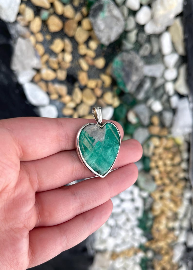 Natural Colombian Emerald in Matrix Heart Pendant - 925 Sterling Silver Bezel Set Rough Gemstone Jewelry for Women - Perfect for Valentine's Day, Anniversary & Romantic Gifts