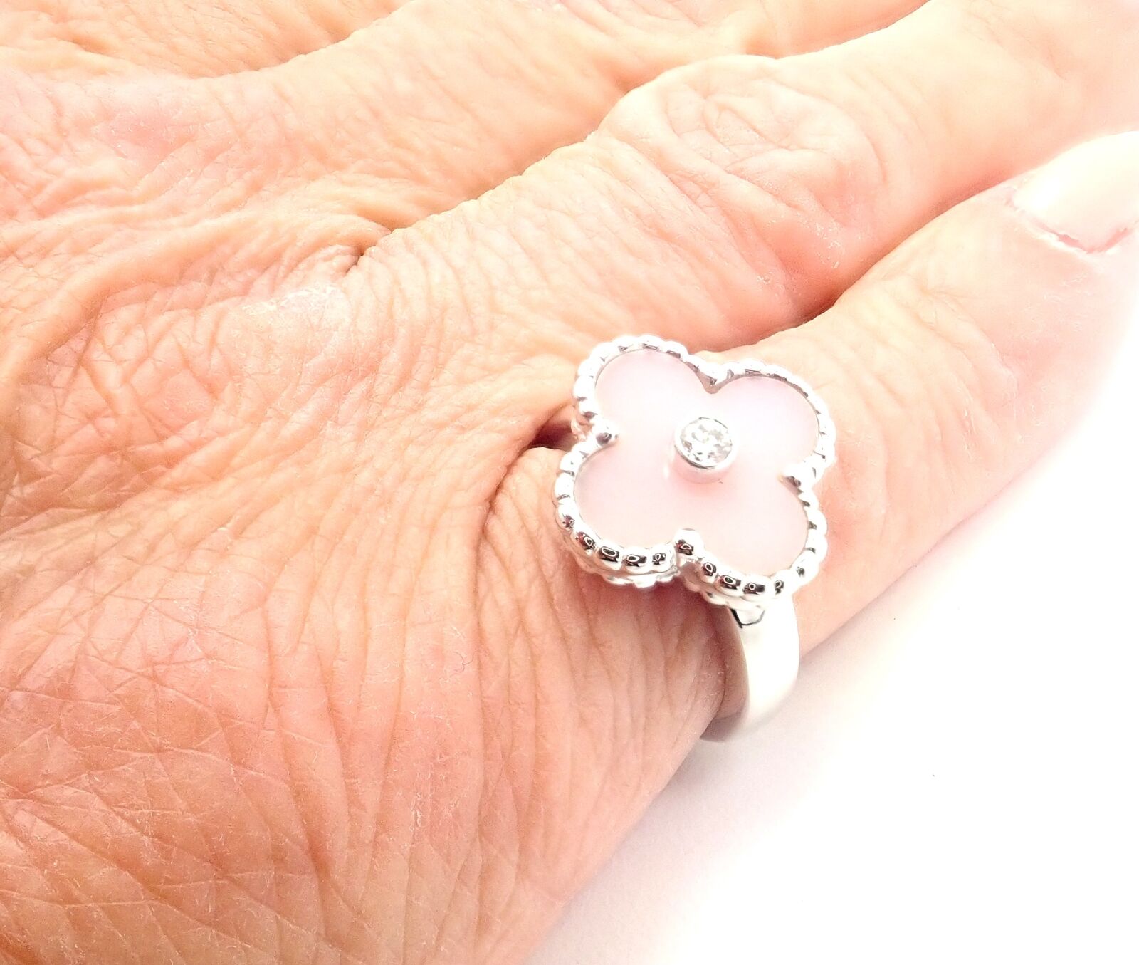 Authentic Van Cleef & Arpels Alhambra 18k White Gold Pink Opal Diamond Ring with Certificate - Luxury Jewelry for Weddings, Anniversaries & Special Occasions