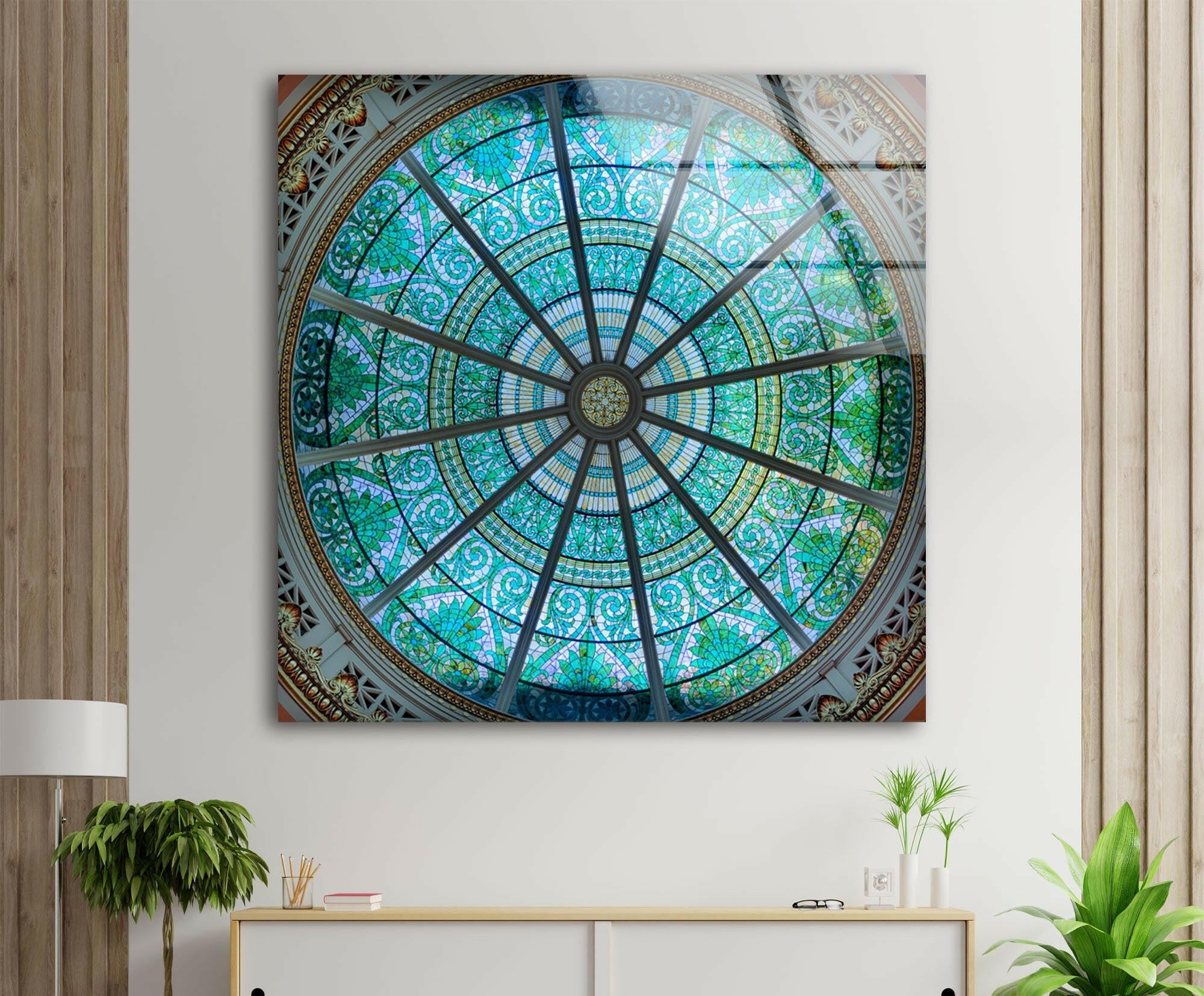 Stained Glass Blue Church Window Wall Art - Handmade Gothic Decor for Home, Office & Wedding Venue