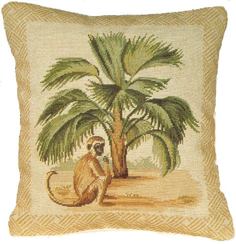 Palm and Monkey Needlepoint Pillow 17x15 Inches - Handmade Decorative Throw Pillow for Sofa, Bed, or Nursery