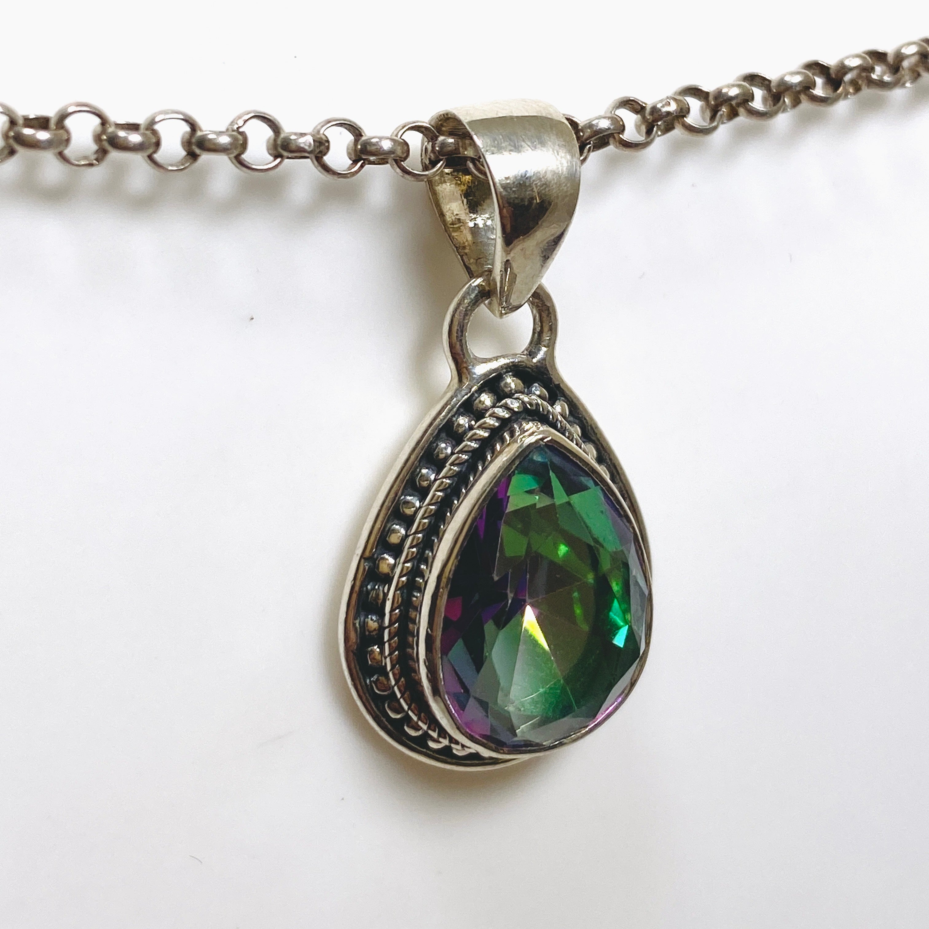 Natural Mystic Topaz Teardrop Faceted Bohemian Pendant Necklace KPGJ4590 - Perfect for Boho Chic Outfits & Special Occasions